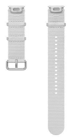 Dwa białe paski do zegarka z tkaniny na czarnym tle.