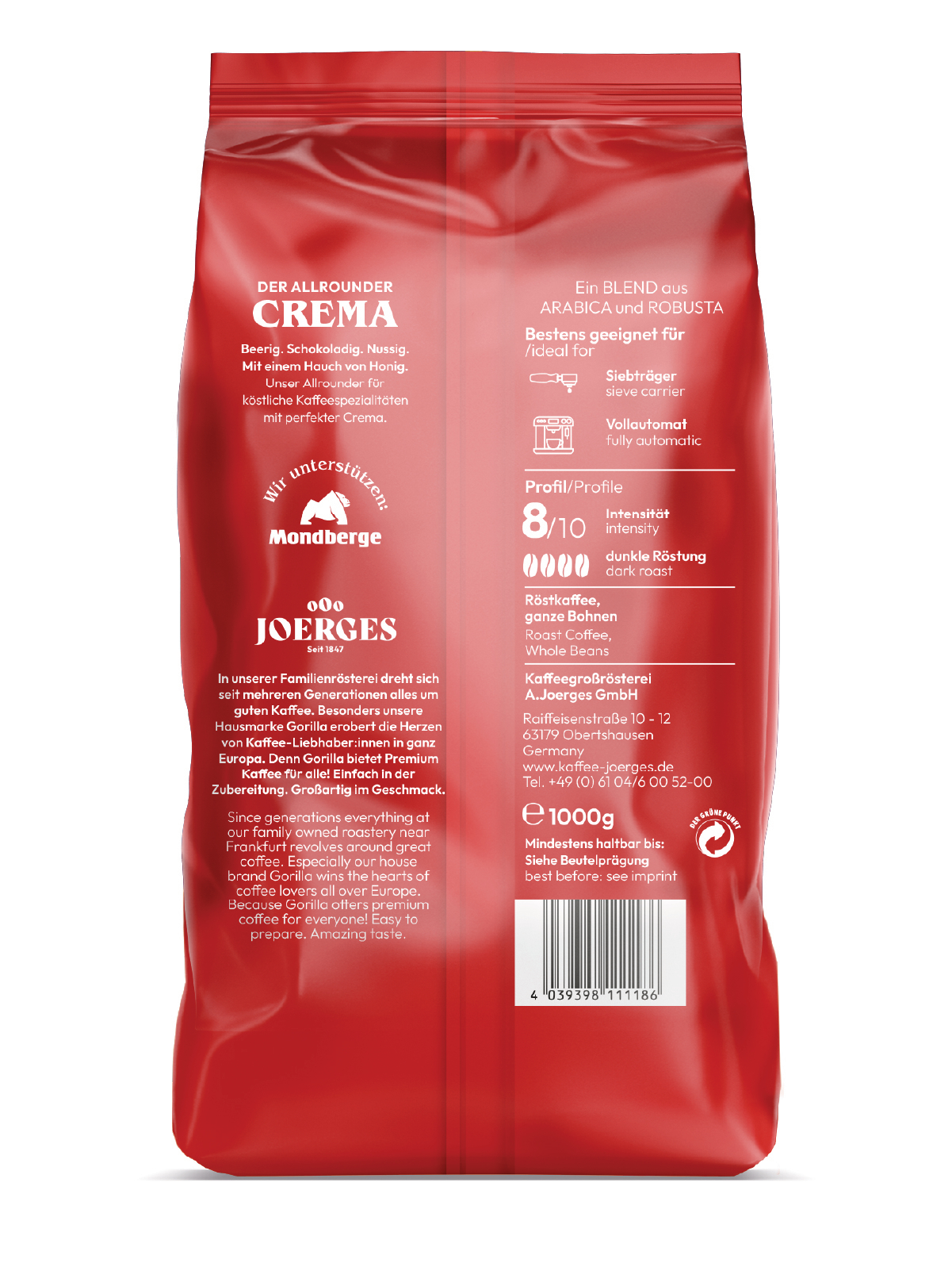 Roter Kaffeepackung. Die Rückseite der Packung mit Text und einer Kaffee-Mischungsbeschreibung.