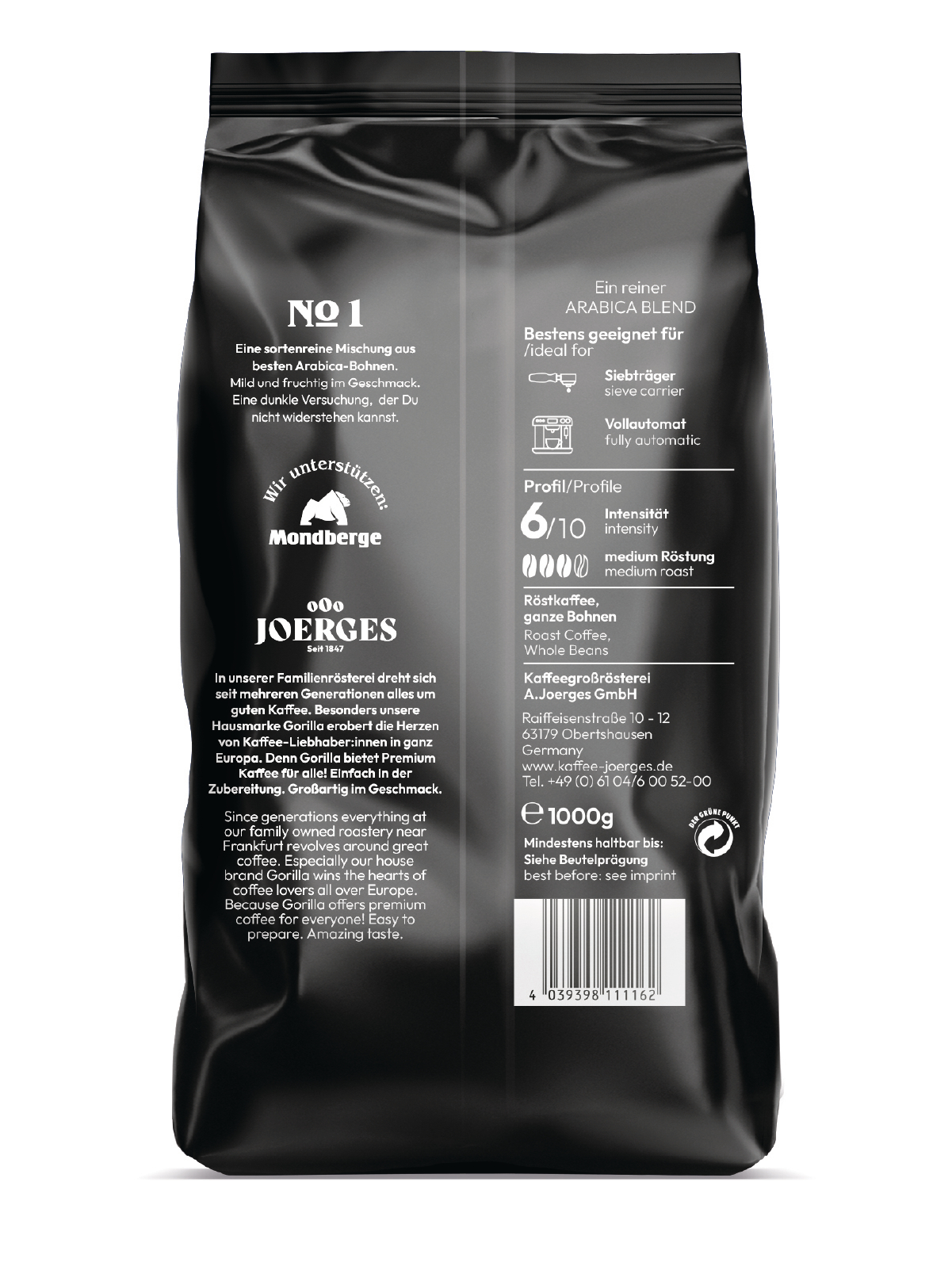 Schwarzer Kaffeepackung mit Text, einschließlich 'Arabica Blend', und einer Grafik eines Berges.