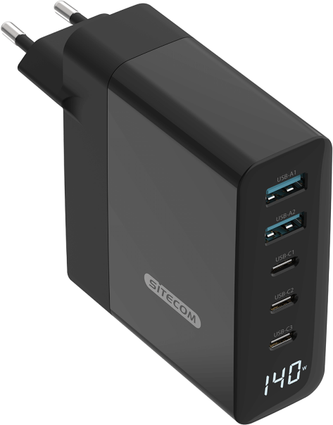 Un caricabatterie Sitecom nero con più porte USB. Ha un display digitale.