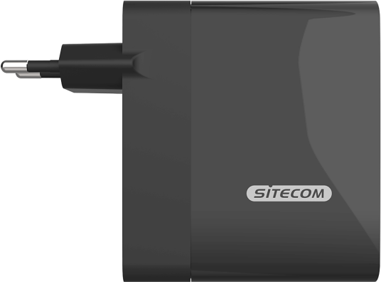 Un adattatore di alimentazione Sitecom nero, con una spina sul lato sinistro e testo Sitecom bianco.