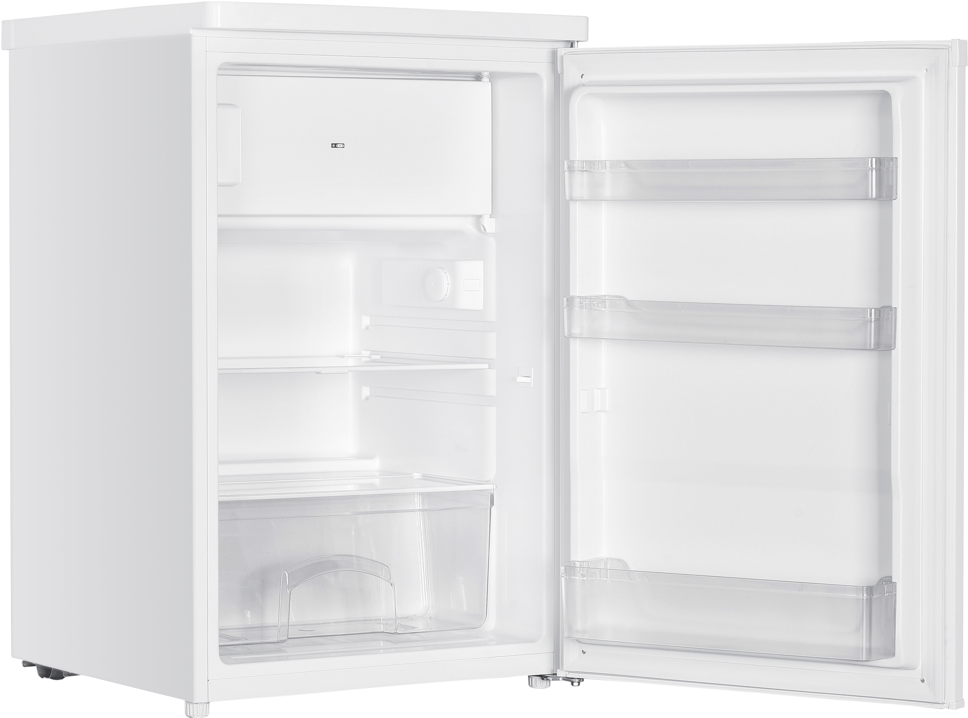 Ein weißer Kühlschrank mit offener Tür. Regale und eine Aufbewahrungsbox sind innen sichtbar.