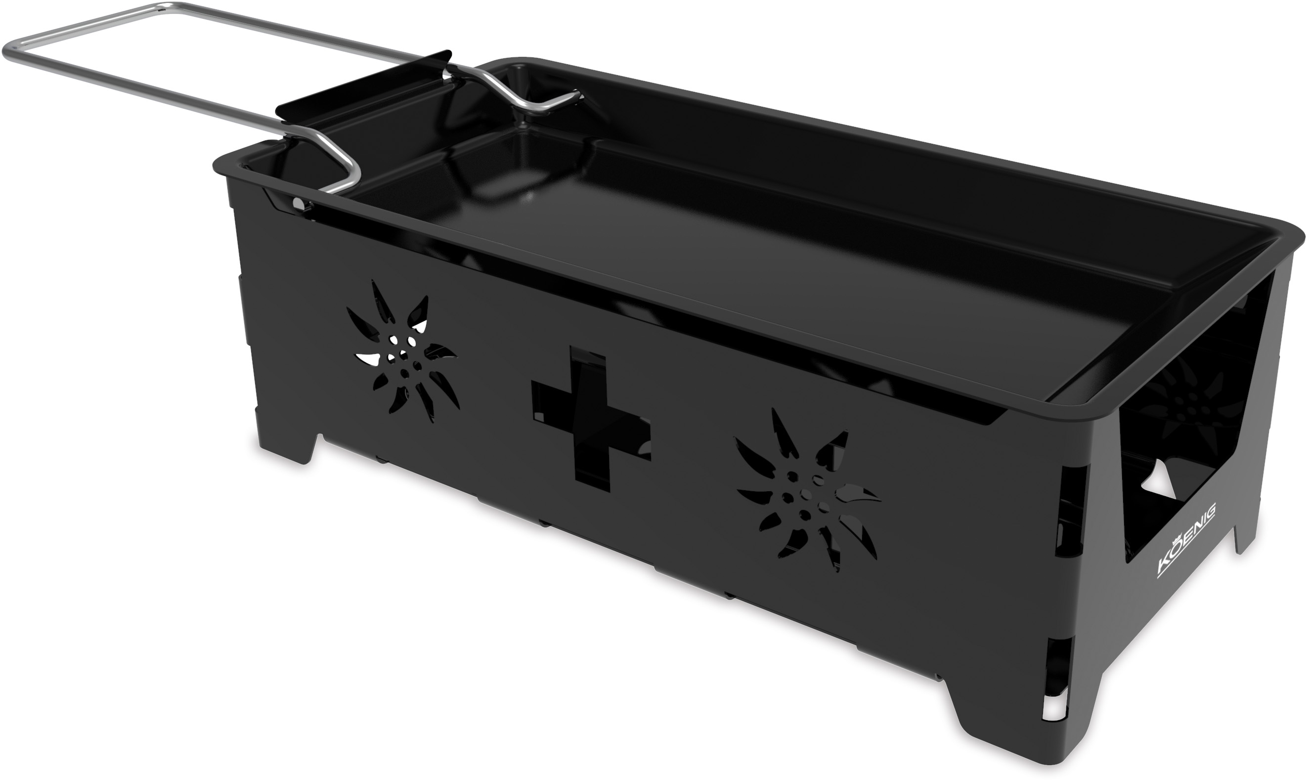 Barbecue nero con design a croce svizzera e stella alpina.