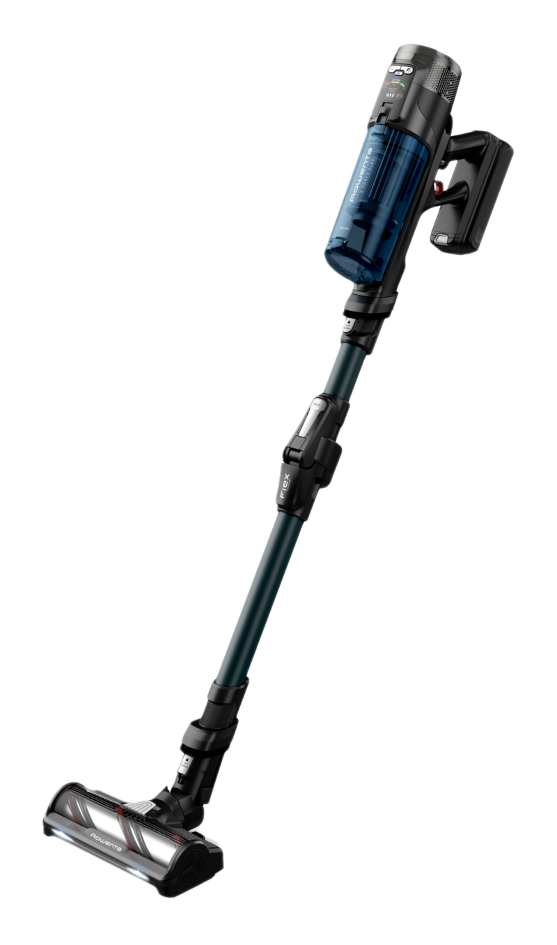 Un aspirateur sans fil noir et bleu, incliné, avec un bac à poussière et une poignée.