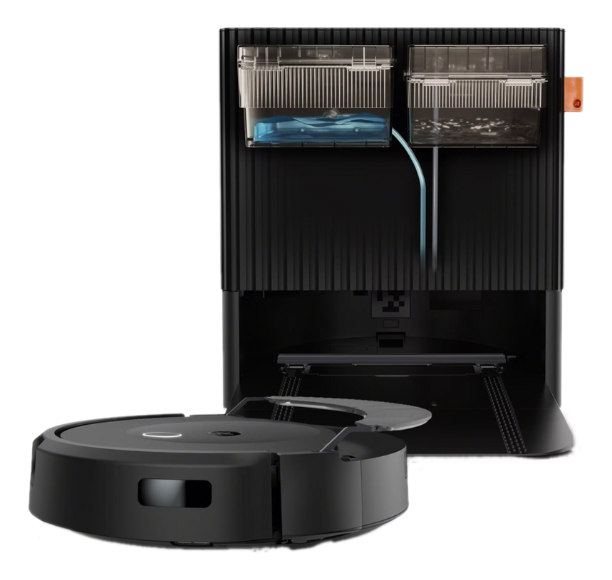 Schwarzer Roboterstaubsauger und Ladestation. Zwei Fächer mit Wasser und Schmutz.