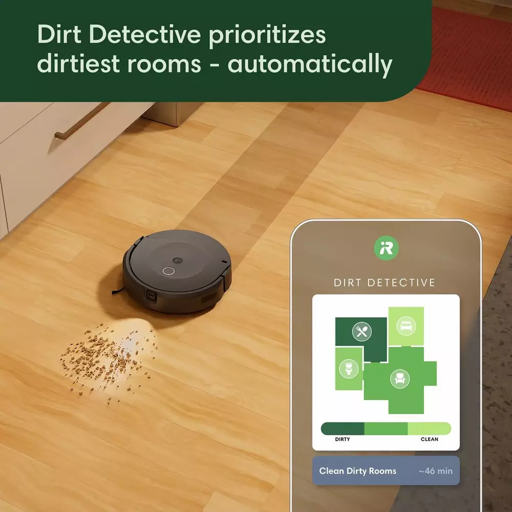 Ein Roboter-Staubsauger auf einem Holzboden, der einen schmutzigen Bereich reinigt. Ein Telefonbildschirm zeigt eine Reinigungsplan.