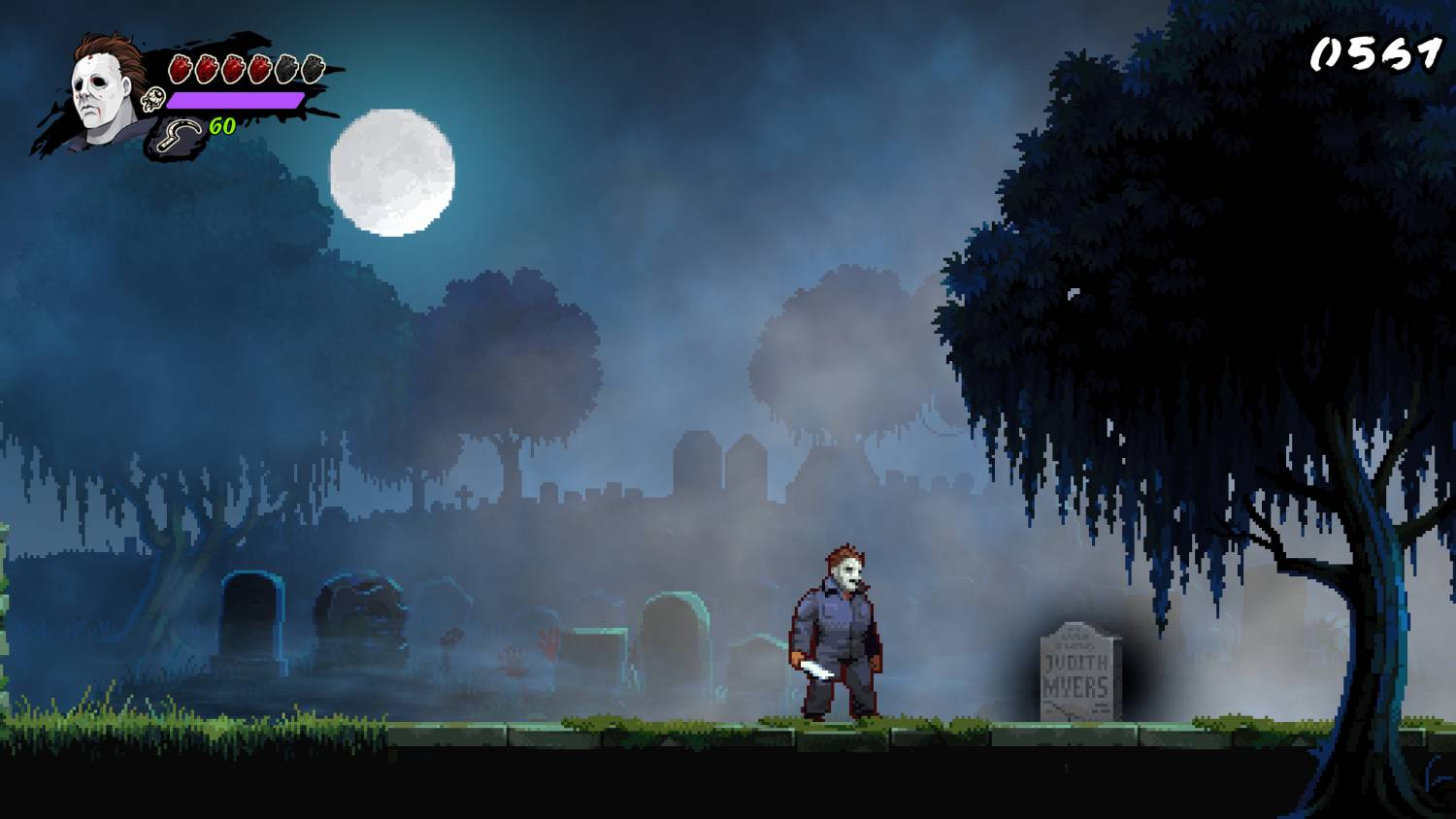 Imagen pixelada de Michael Myers en un cementerio con luna llena de fondo.
