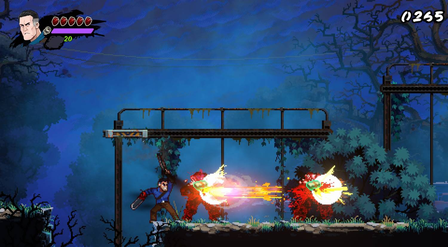 Escena de videojuego pixelada con personaje disparando rayos de energía a monstruos en un bosque.