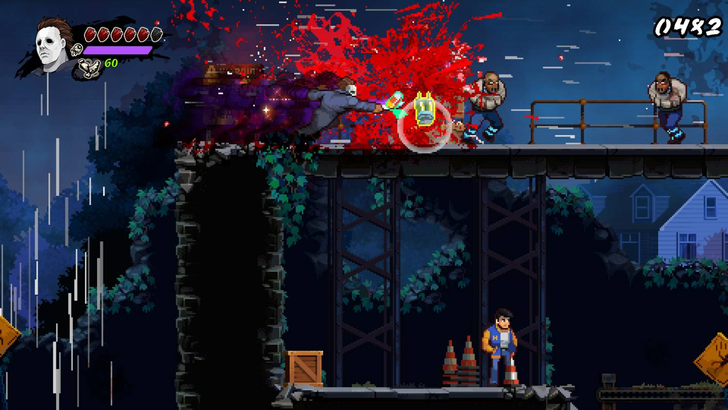 Escena de juego pixelada con personaje luchando contra figura enmascarada y zombis.