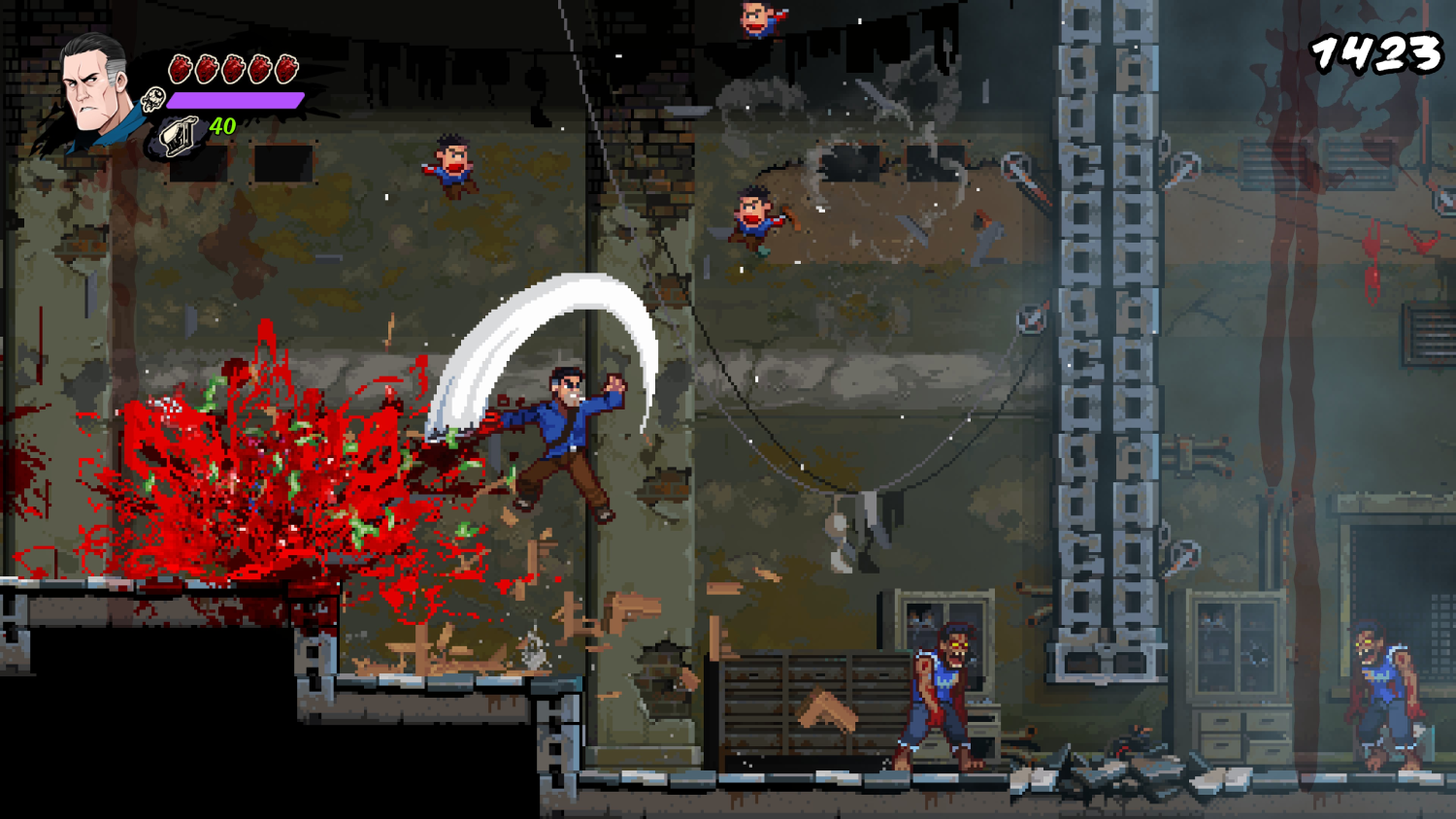 Una escena de videojuego pixelada. Un personaje lucha contra zombis con una espada. Salpicaduras de sangre.