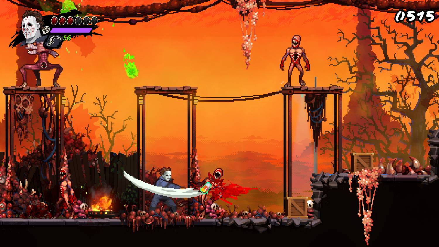 Escena de videojuego de pixel art. Un personaje lucha contra dos enemigos. El fondo es un paisaje oscuro y ardiente.