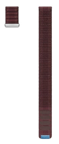 Dwa kawałki paska do zegarka, brązowa tkanina z metalowym zapięciem, na białym tle.