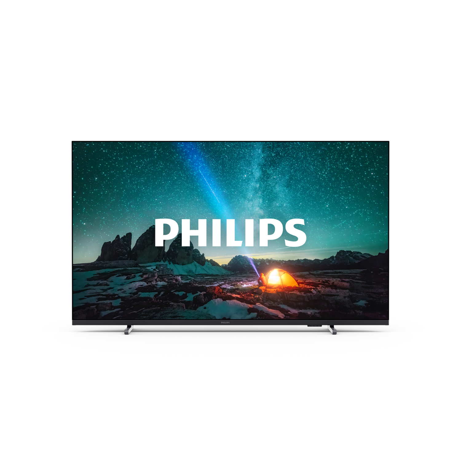 Philips tv met een nachthemel en een kampvuur ervoor.