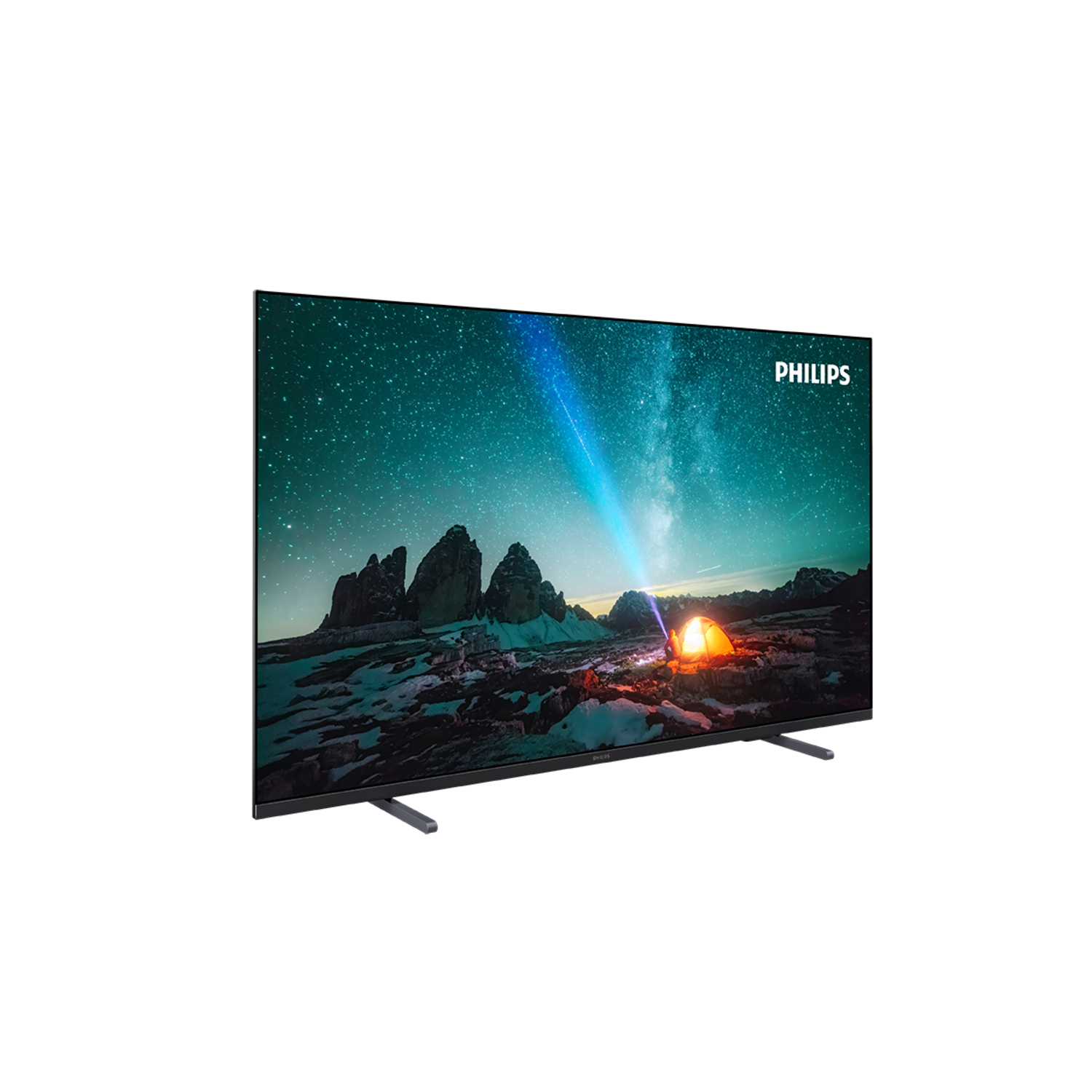 Tv-scherm met sterrennachtscène met verlichte tent in berglandschap.