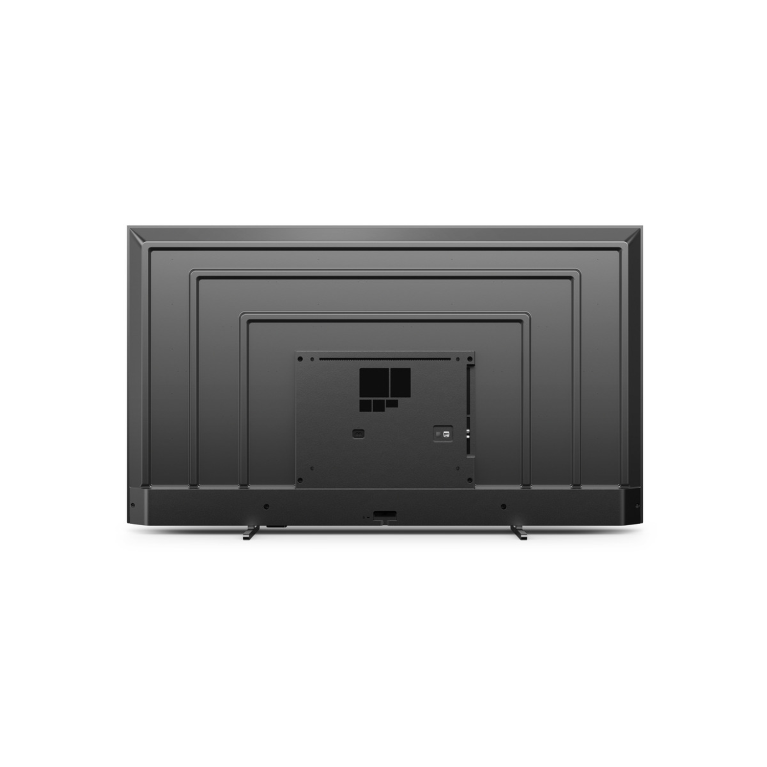 De achterkant van een zwarte flatscreen-tv, met poorten en een centraal paneel.