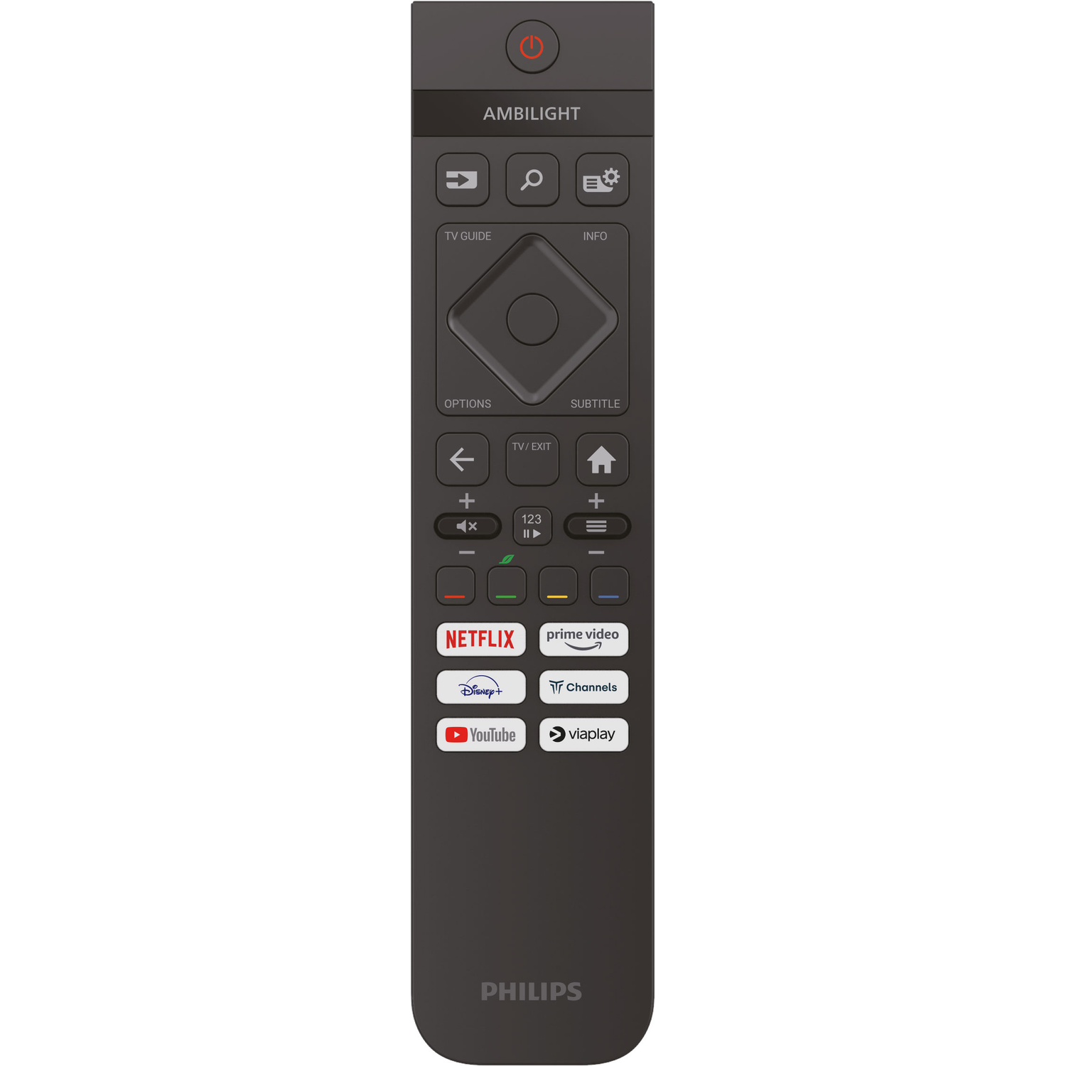 Zwarte Philips TV-afstandsbediening. Heeft diverse knoppen, waaronder streamingdiensten.
