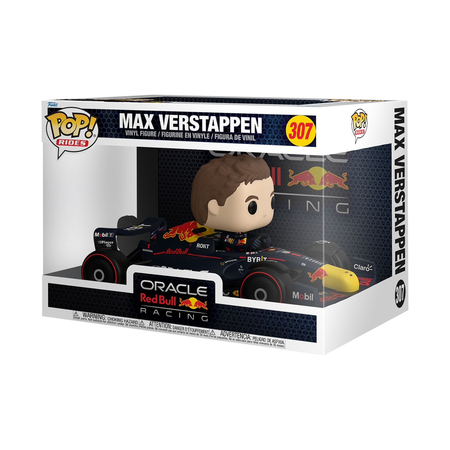 A Max Verstappen Funko Pop! figure in a box, depicting his Red Bull Racing car, on a white backdrop.