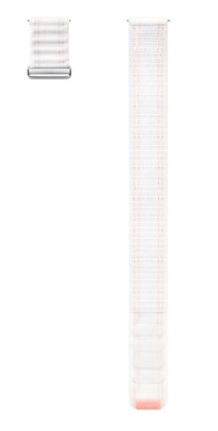 Biało-różowy paskiem do zegarka w paski, ze srebrnym zapięciem, na białym tle.