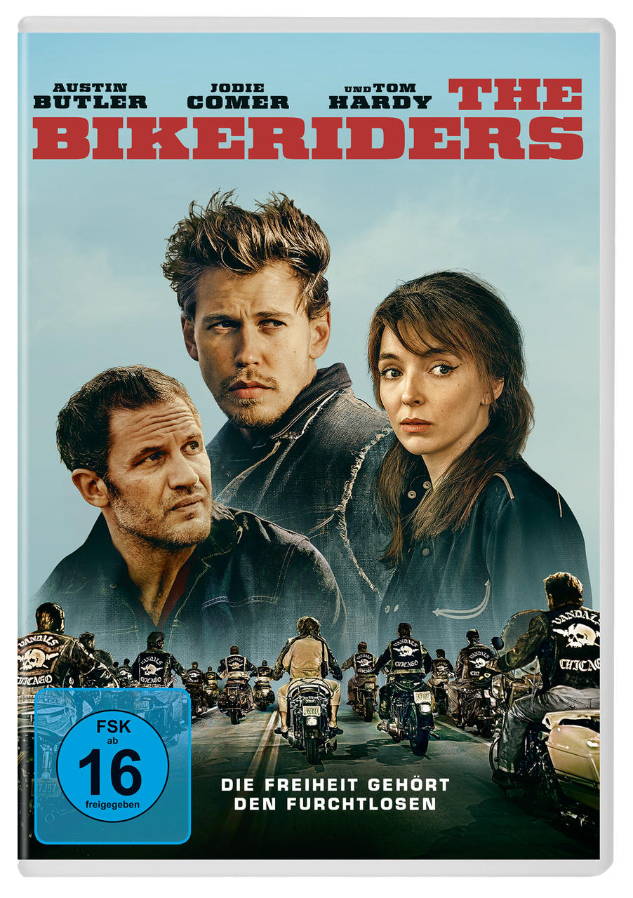 Filmcover: Schauspieler und Motorräder mit Text 'The Bikeriders'.