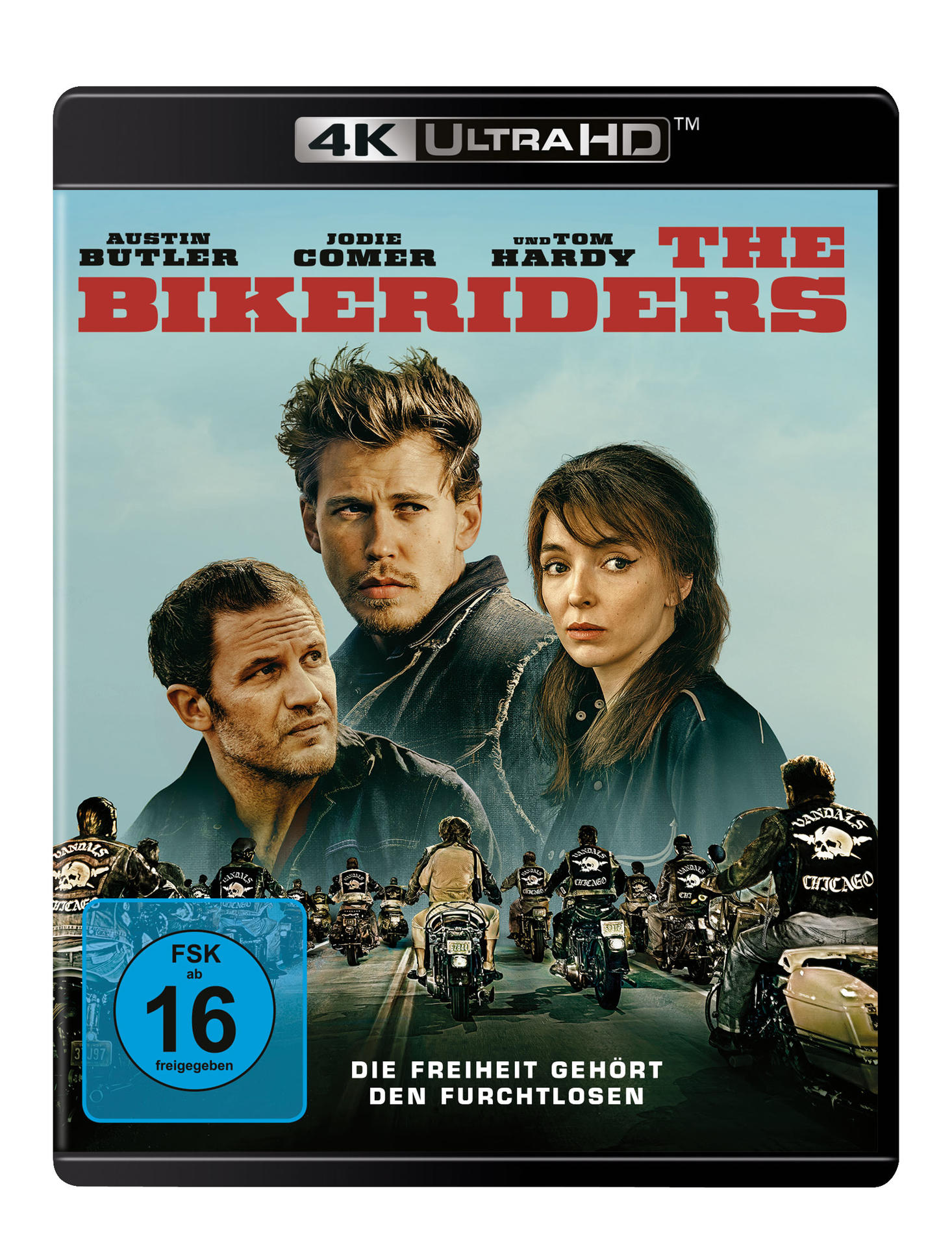 Filmcover mit drei Schauspielern und Motorradfahrern auf Motorrädern, mit Filmtitel und Bewertung.
