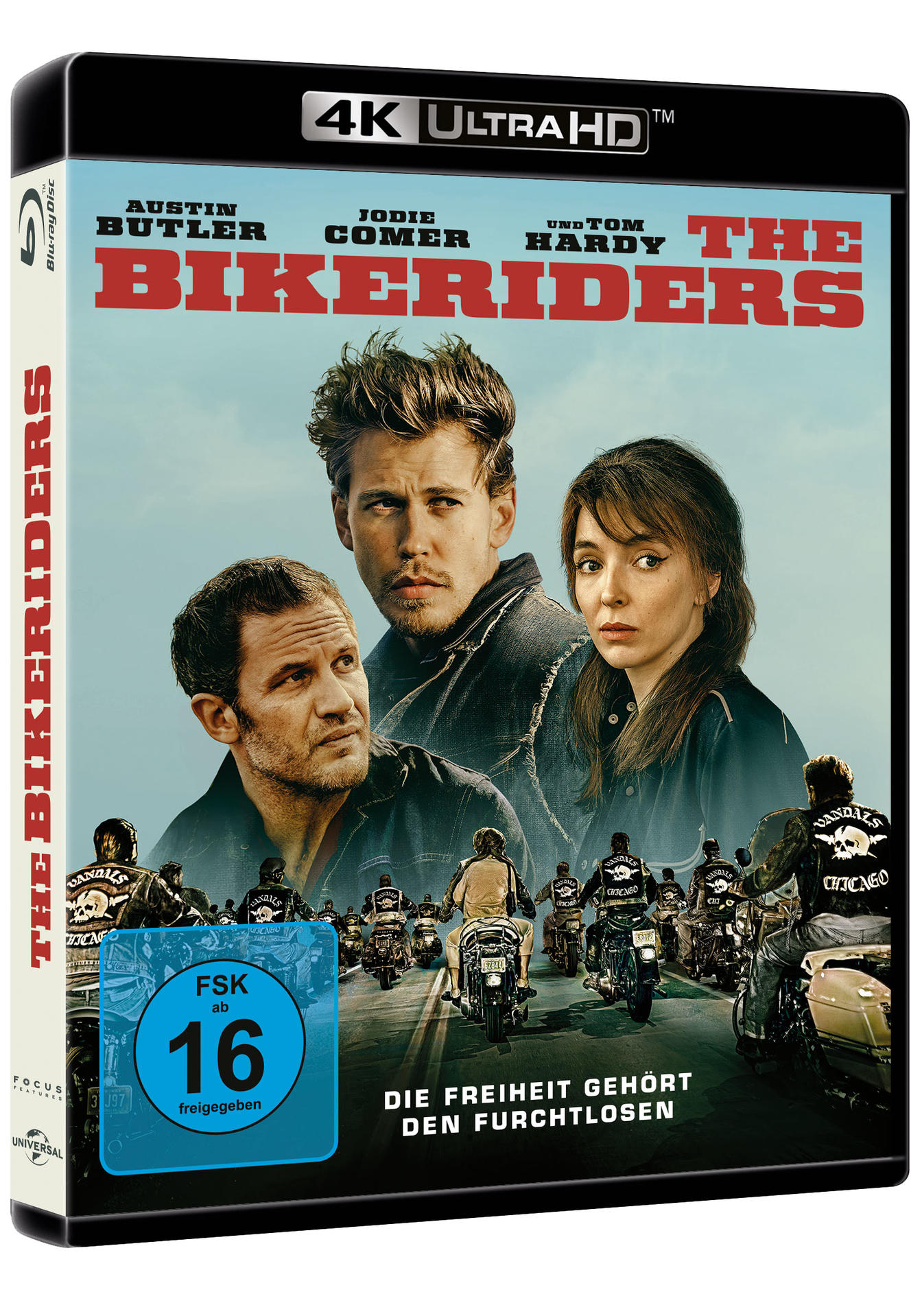 Filmposter: Austin Butler, Jodie Comer, Tom Hardy. Titel 'The Bikeriders'. Motorräder und Personen im Hintergrund.