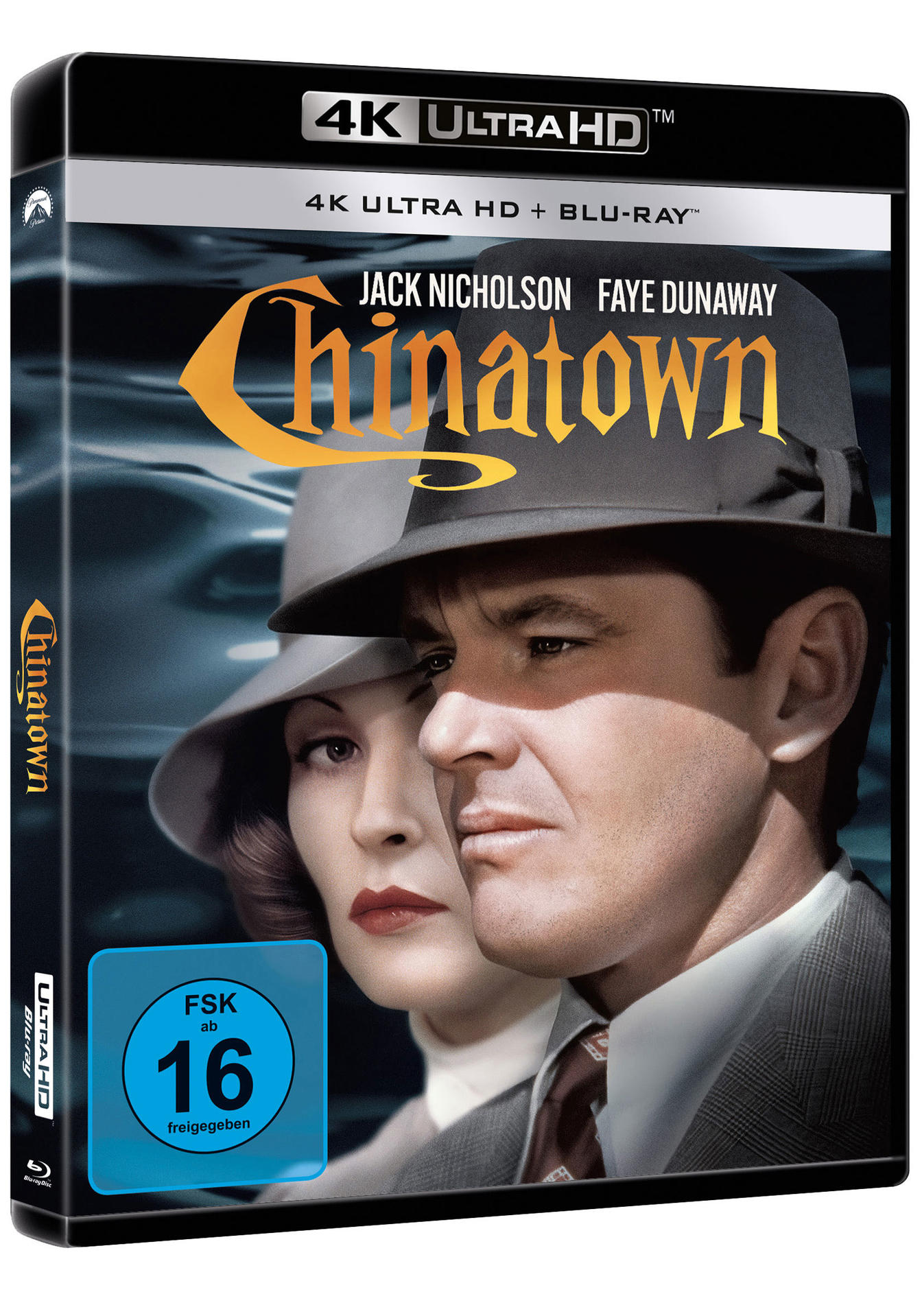 Filmcover von 'Chinatown' mit Jack Nicholson und Faye Dunaway, dunkler Hintergrund.