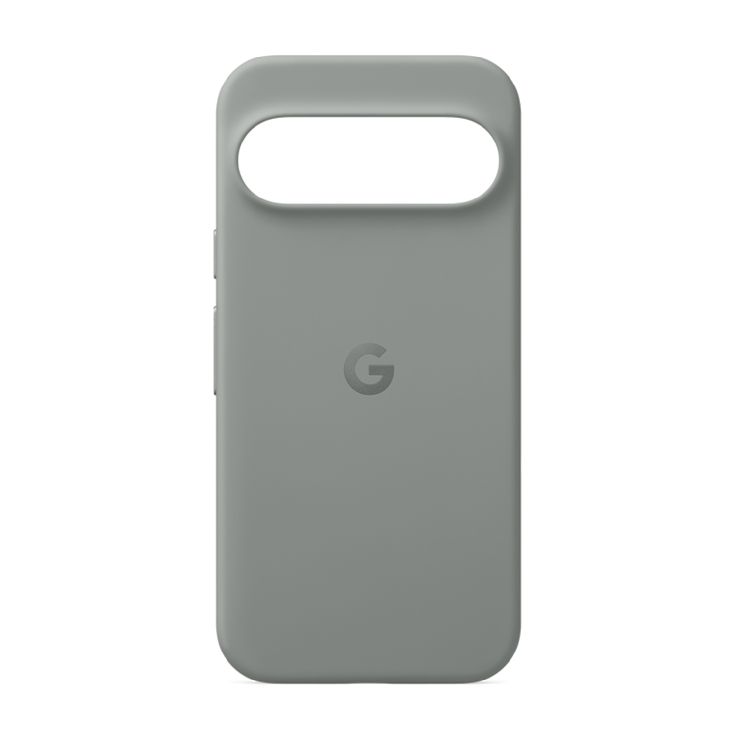 Custodia grigia per telefono con logo 'G' e ritaglio per fotocamera.