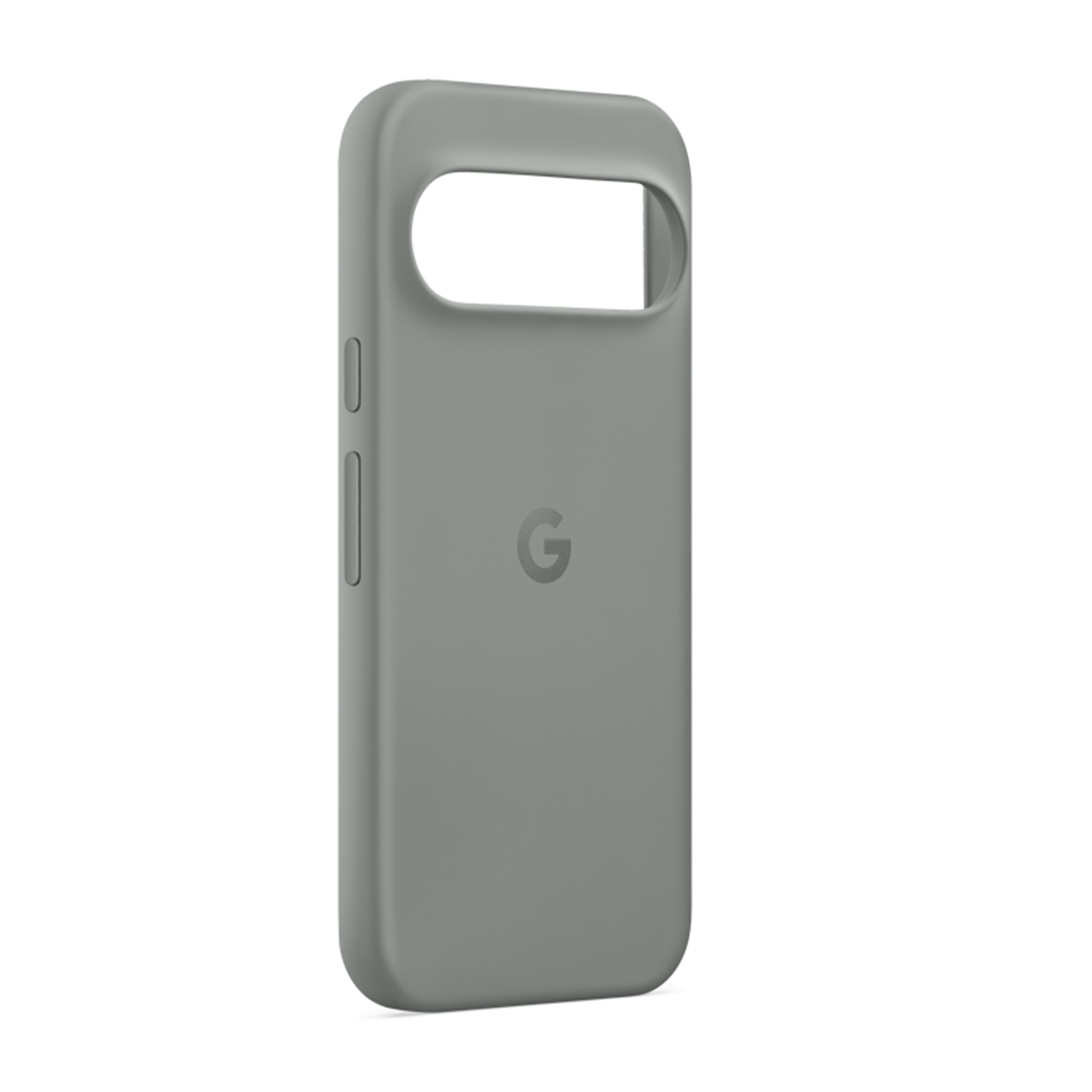 Custodia grigia per telefono con intaglio per fotocamera e pulsanti, e logo Google 'G'.