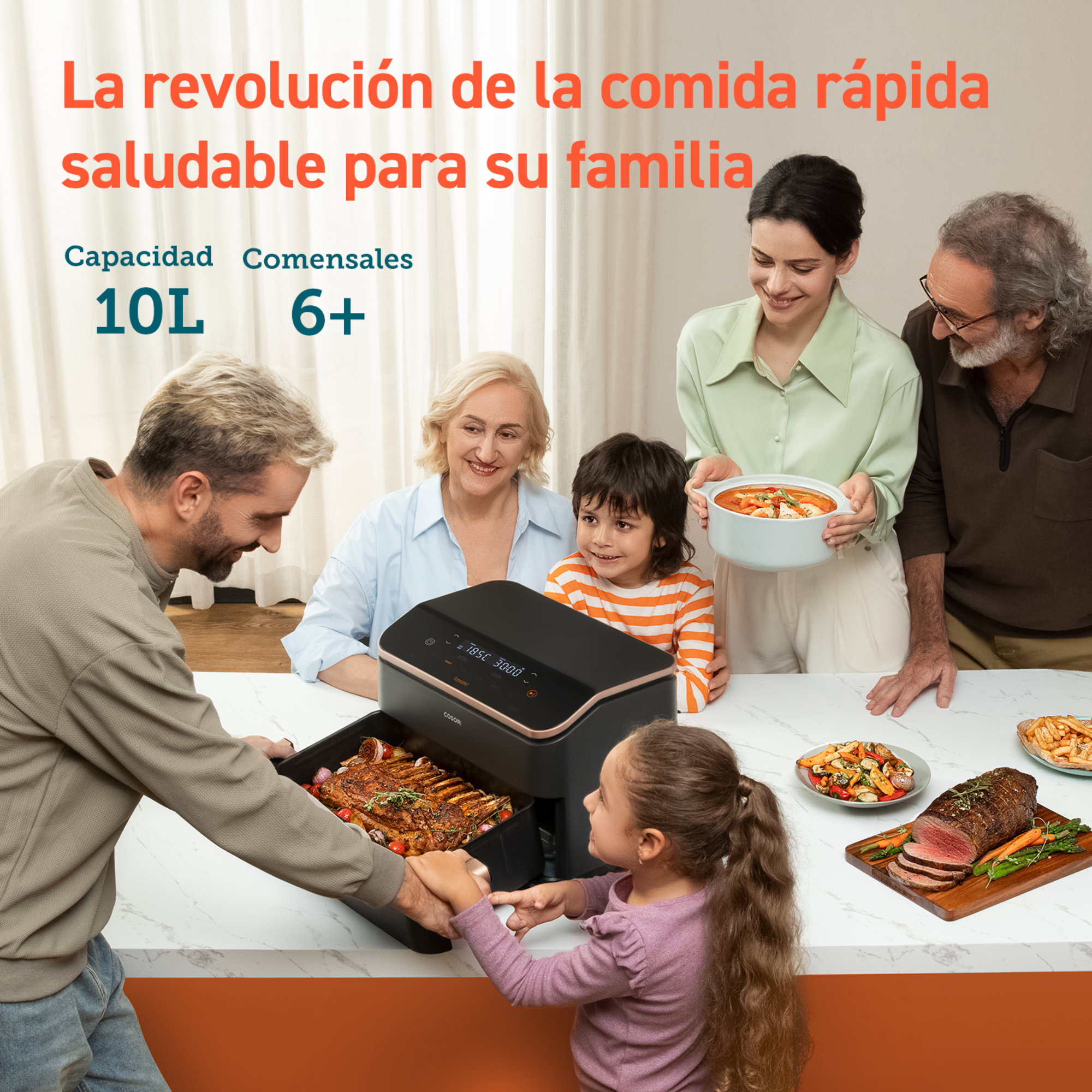 Familia en la mesa con comida preparada. Freidora de aire negra en el centro. Titular: comida rápida saludable.