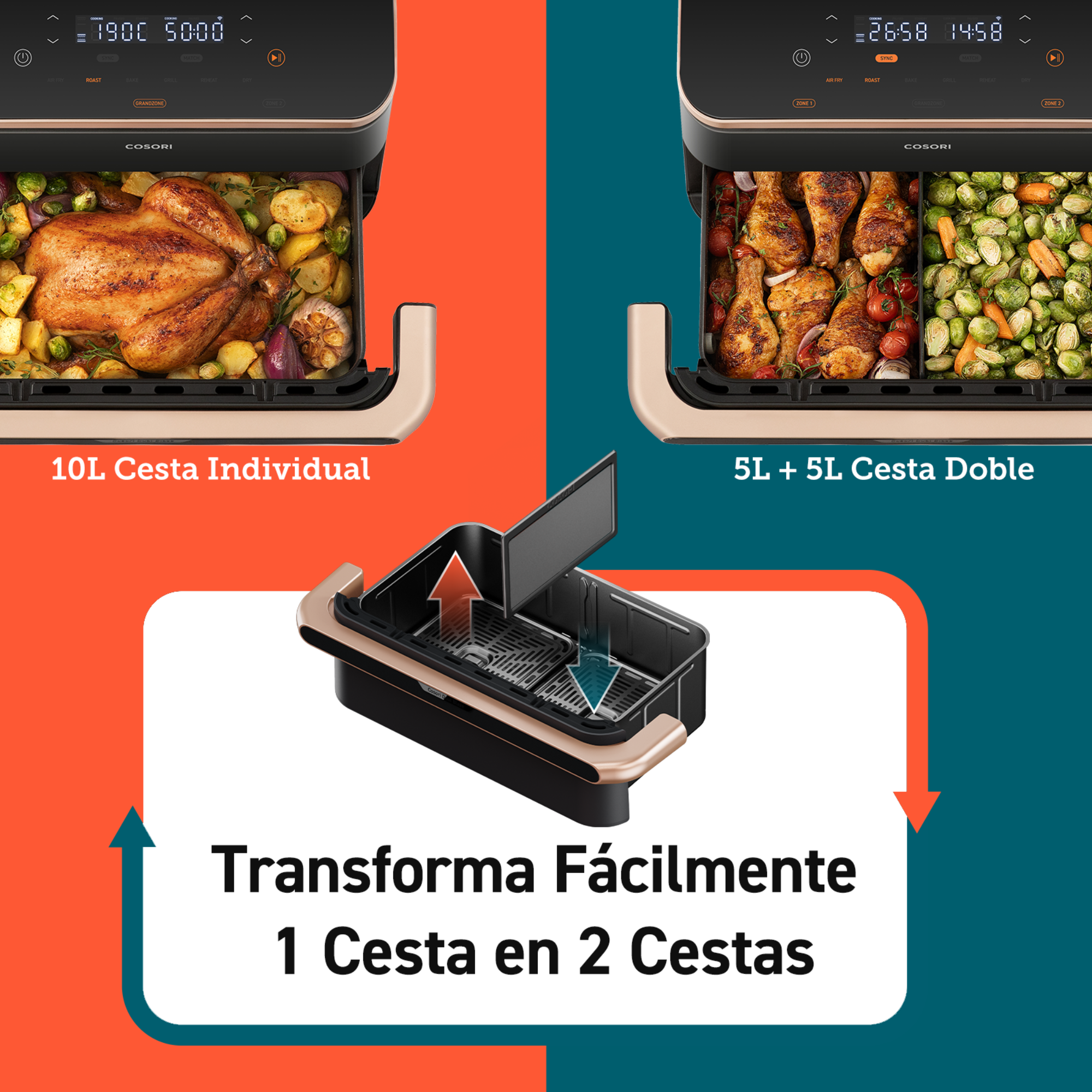 Una freidora de aire que muestra la cesta individual y la opción de doble cesta, con flechas.
