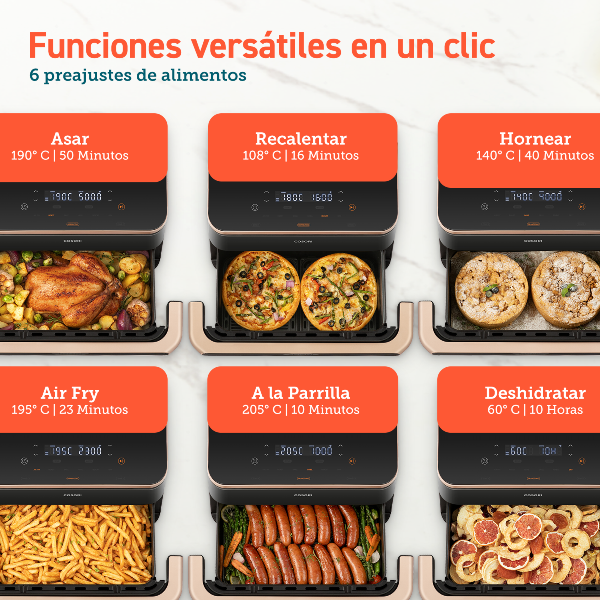 Una freidora de aire con varios platos y ajustes mostrados en la parte superior.