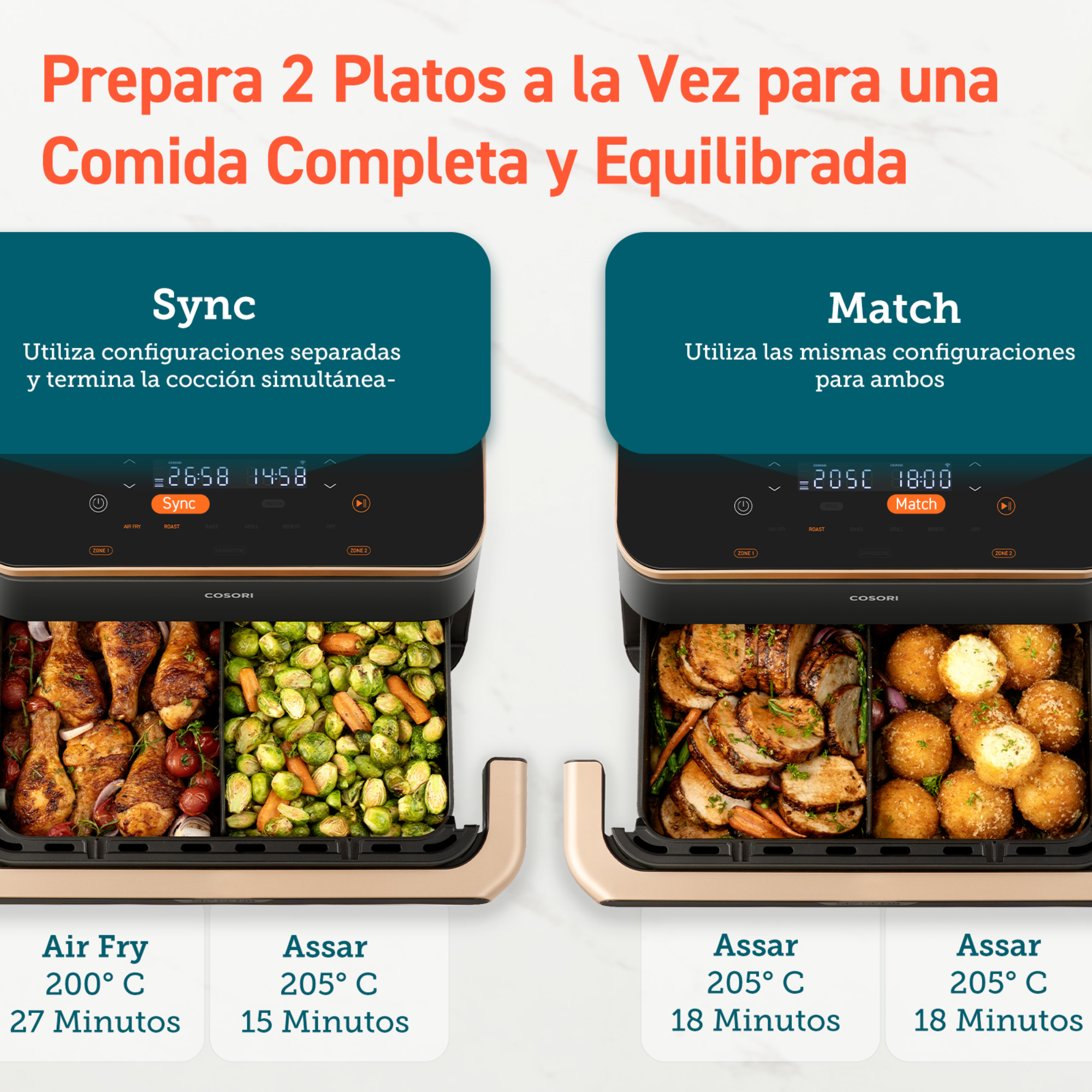 Dos freidoras de aire lado a lado. Pantalla mostrando configuraciones para las opciones Sync y Match.