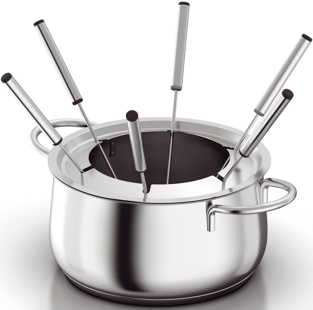 Un caquelon à fondue argenté avec plusieurs longues fourchettes qui dépassent. C'est sur un fond blanc.