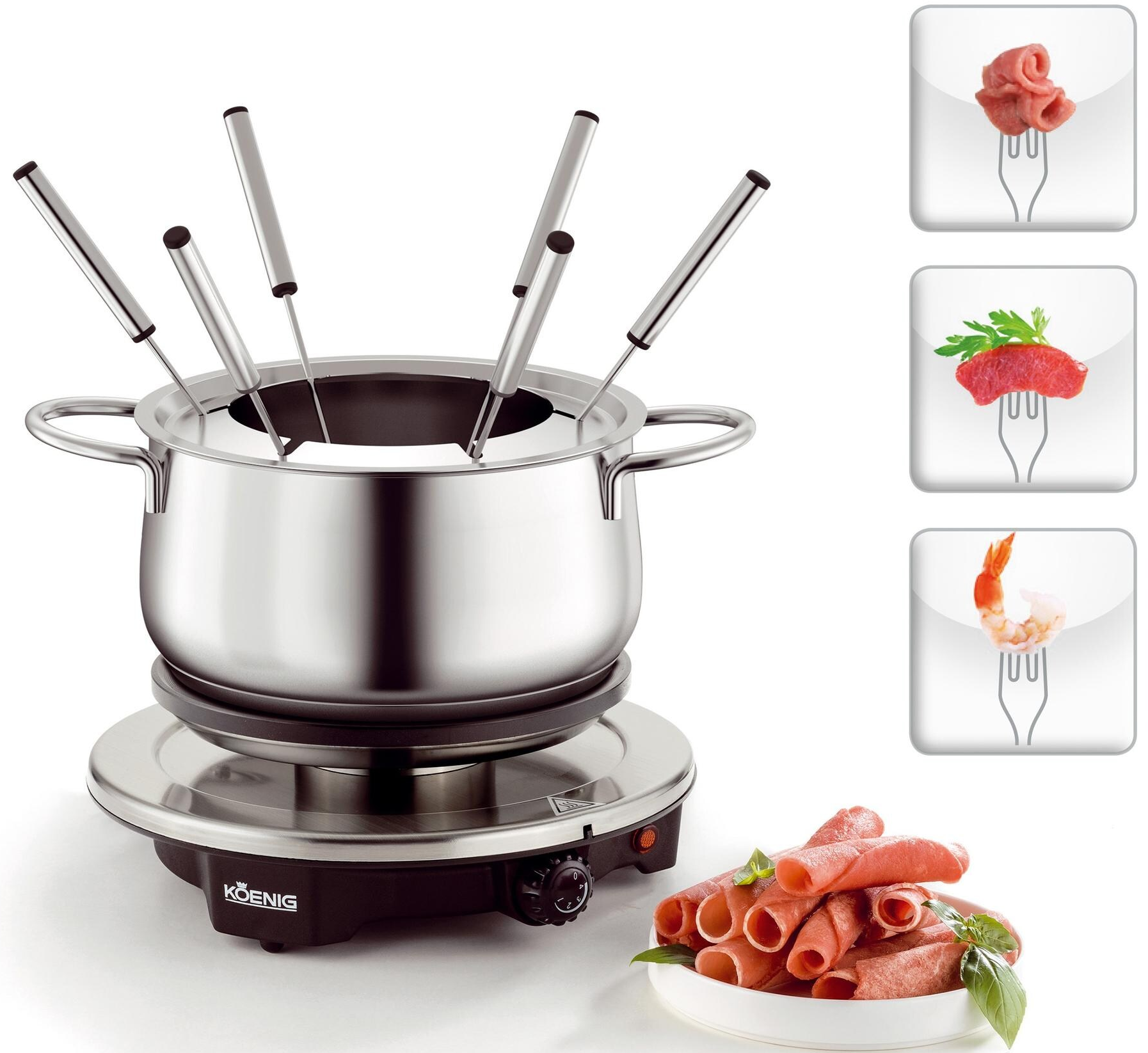 Service à fondue avec une casserole et des fourchettes. Présentation de nourriture : viande, herbes, crevettes.