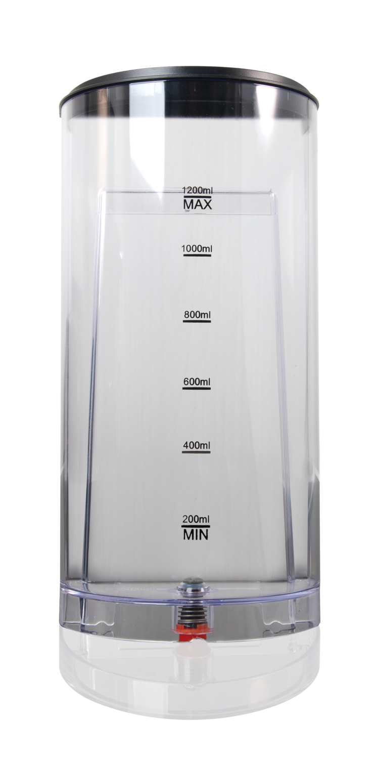 Egy átlátszó víztartály szintjelzésekkel: 200 ml, 400 ml, 600 ml, 800 ml, 1000 ml, 1200 ml.