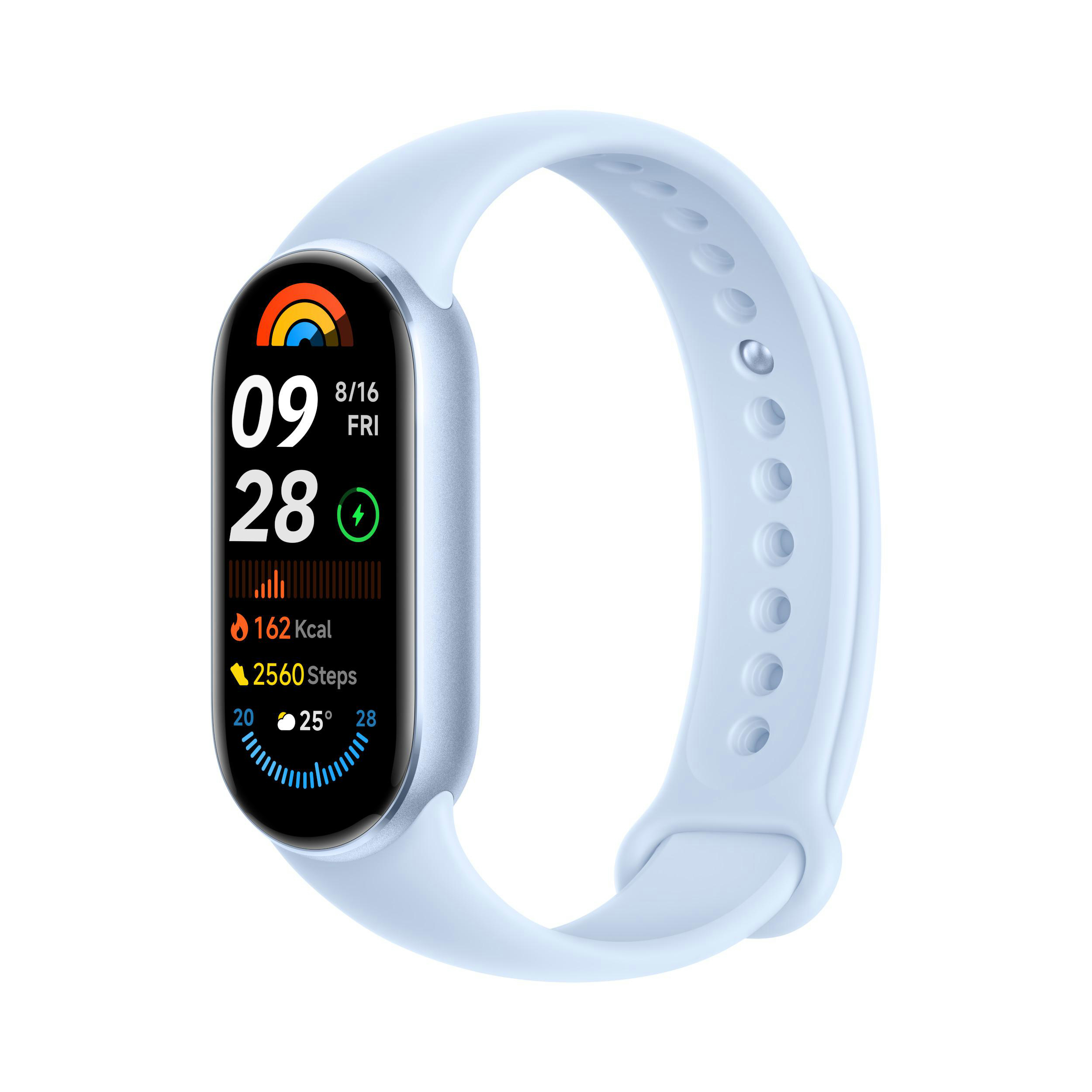 Eine hellblaue Smartwatch mit gewölbtem Bildschirm, der Zeit, Schritte und andere Gesundheitsmetriken anzeigt.