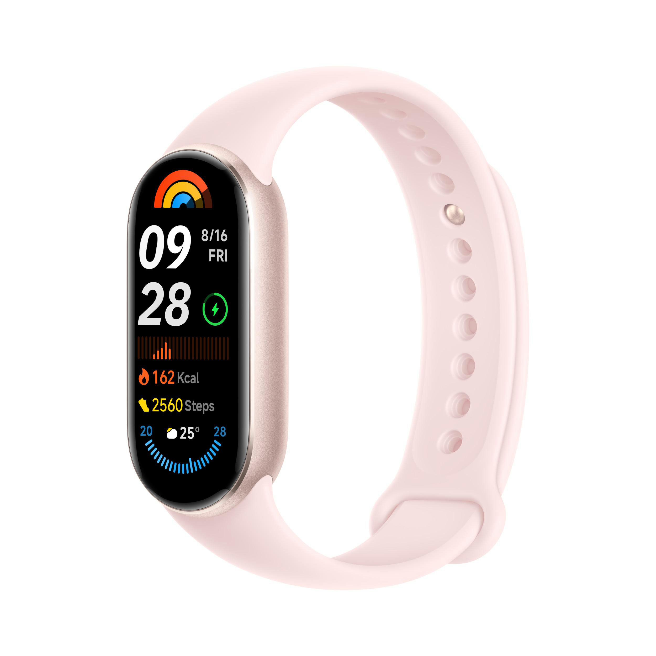 Rosa Fitness-Tracker mit Anzeige von Zeit, Datum, Akku, Schritten und Kalorienverbrauch.