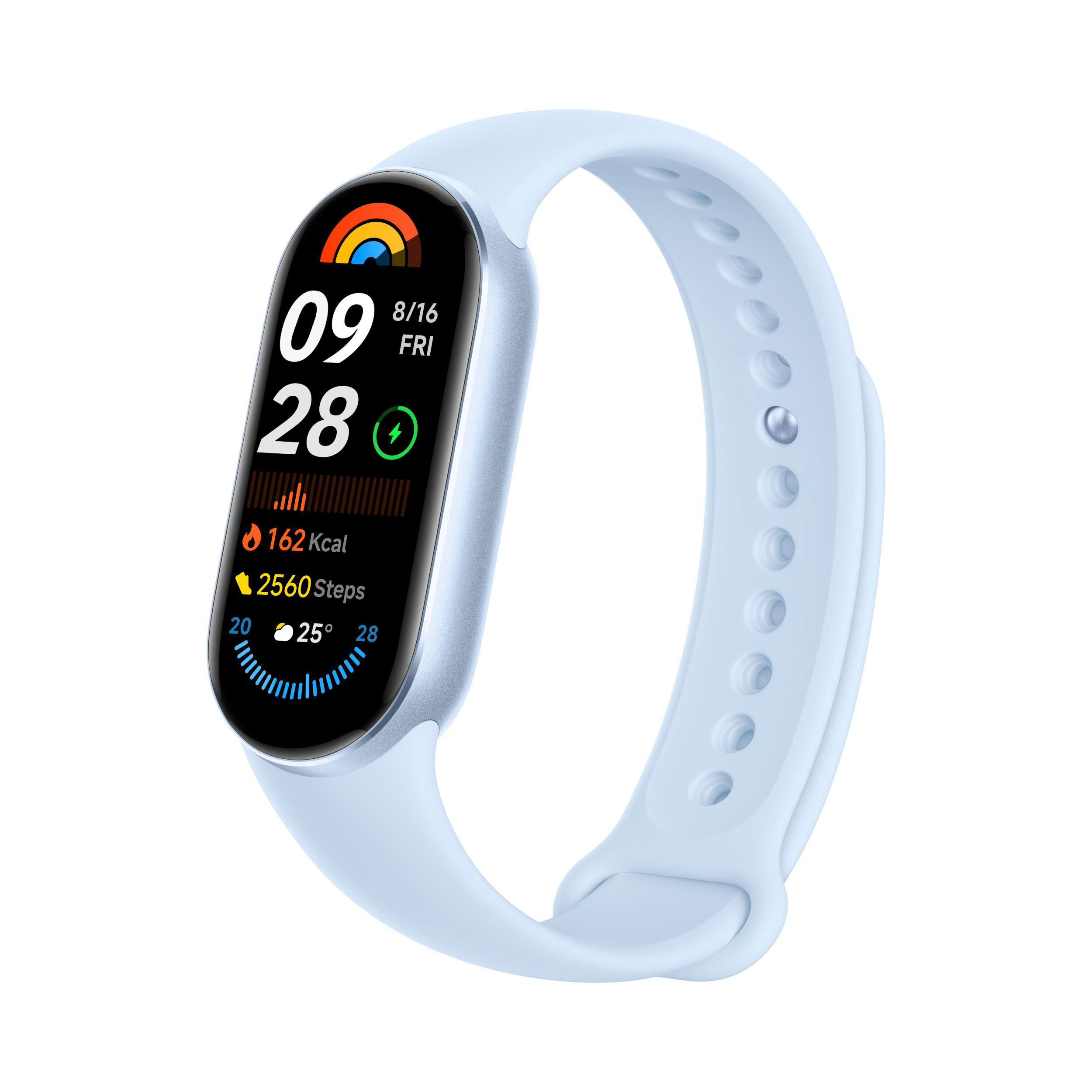 Eine hellblaue Smartwatch mit verschiedenen Informationen auf dem Bildschirm und einem hellblauen Armband.