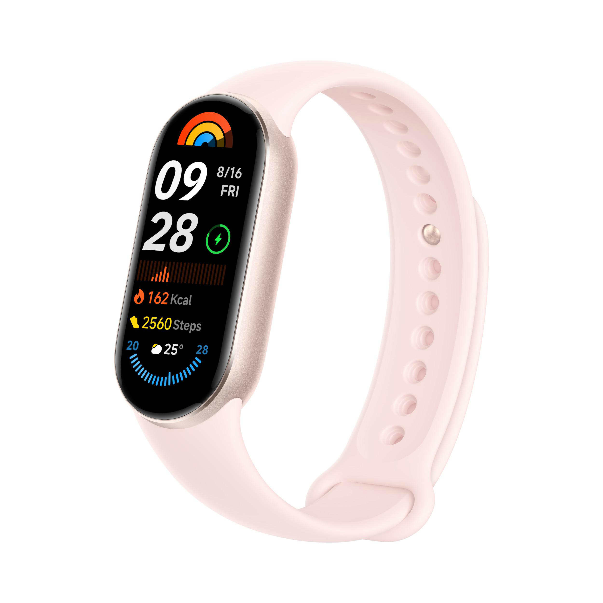 Rosa Smartwatch mit Bildschirm, der Zeit, Schritte und Herzfrequenz anzeigt.