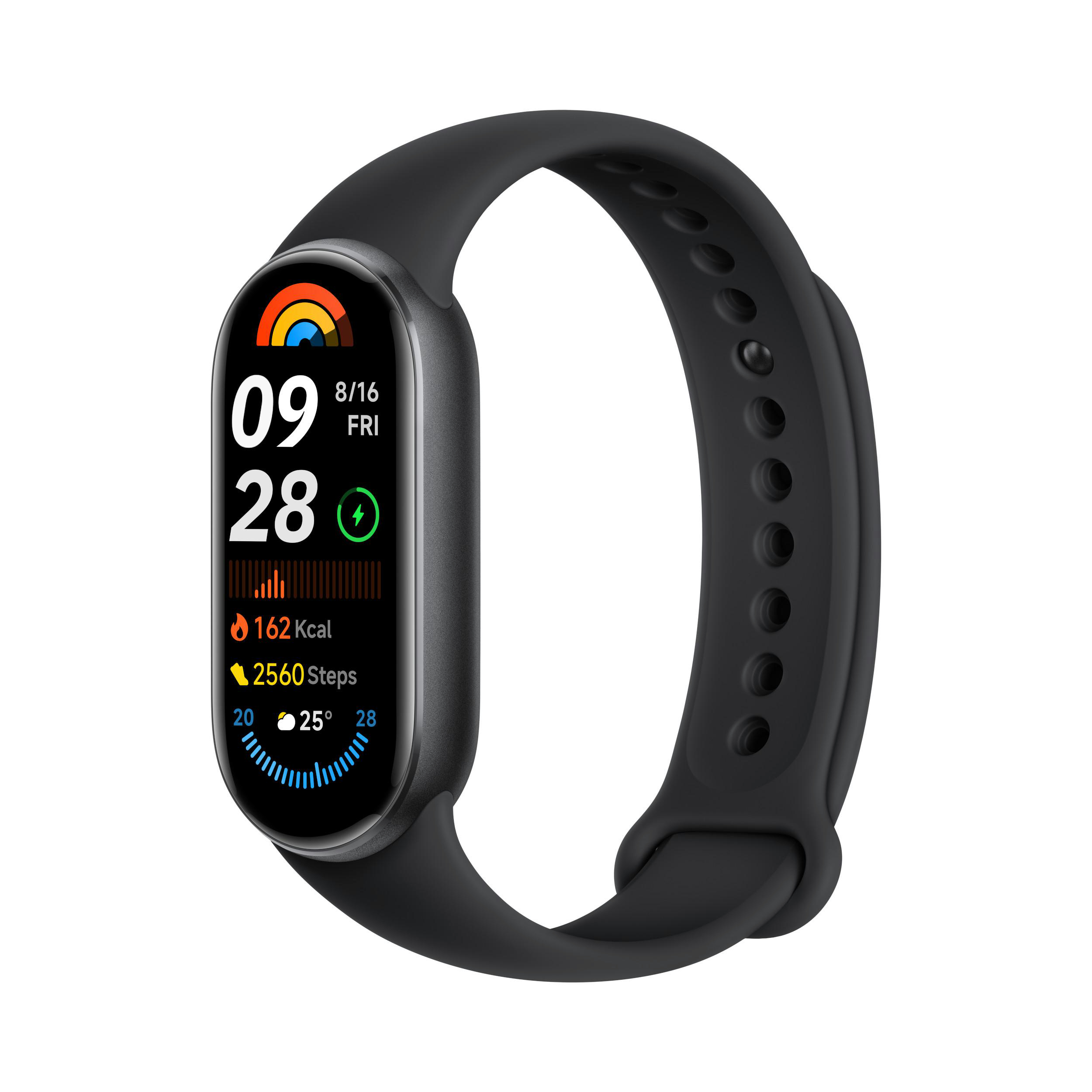 Schwarze Smartwatch mit Anzeige von Uhrzeit, Datum und Statistiken.