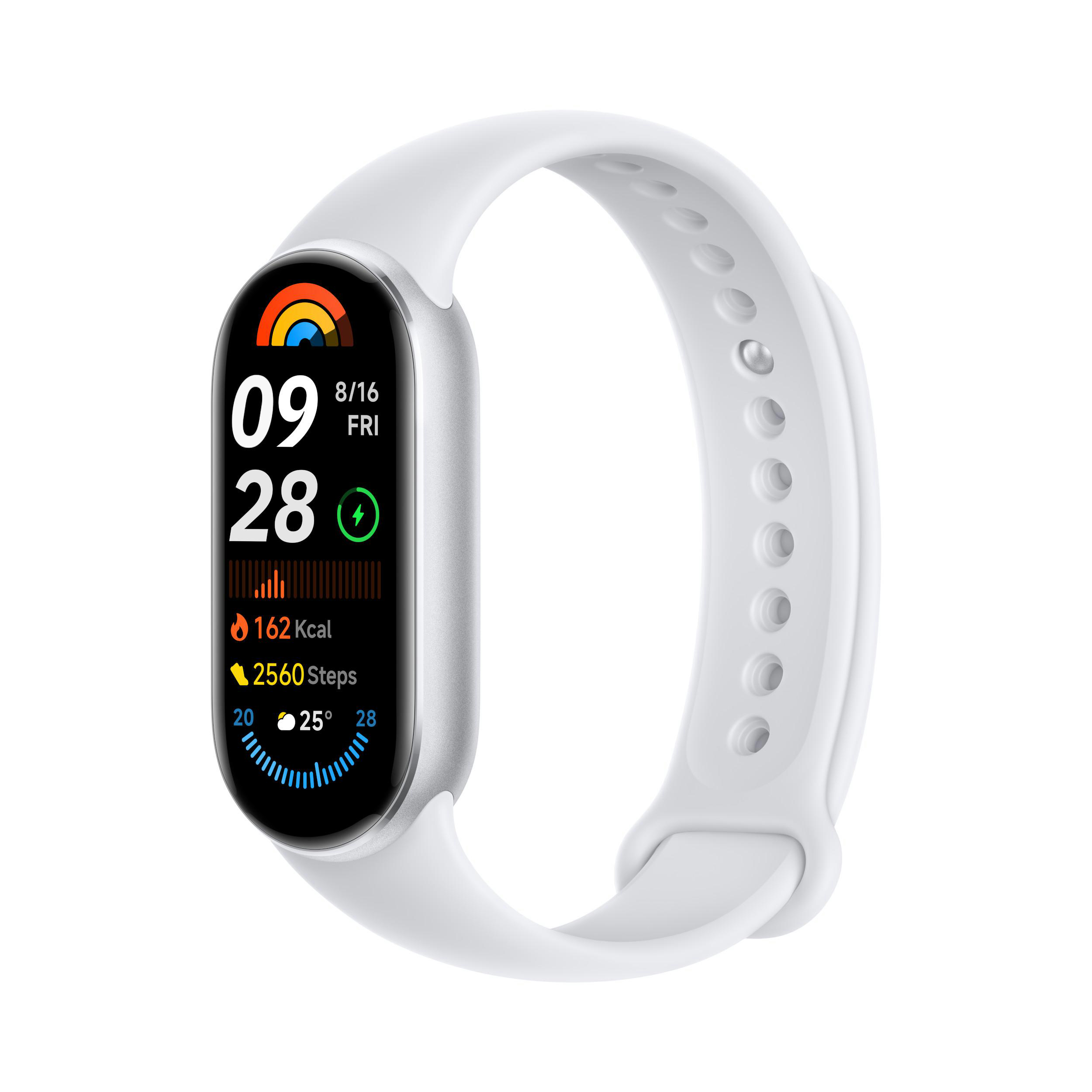 Ein weißer Fitnesstracker mit Bildschirm, der Zeit, Datum und Gesundheitsdaten anzeigt.
