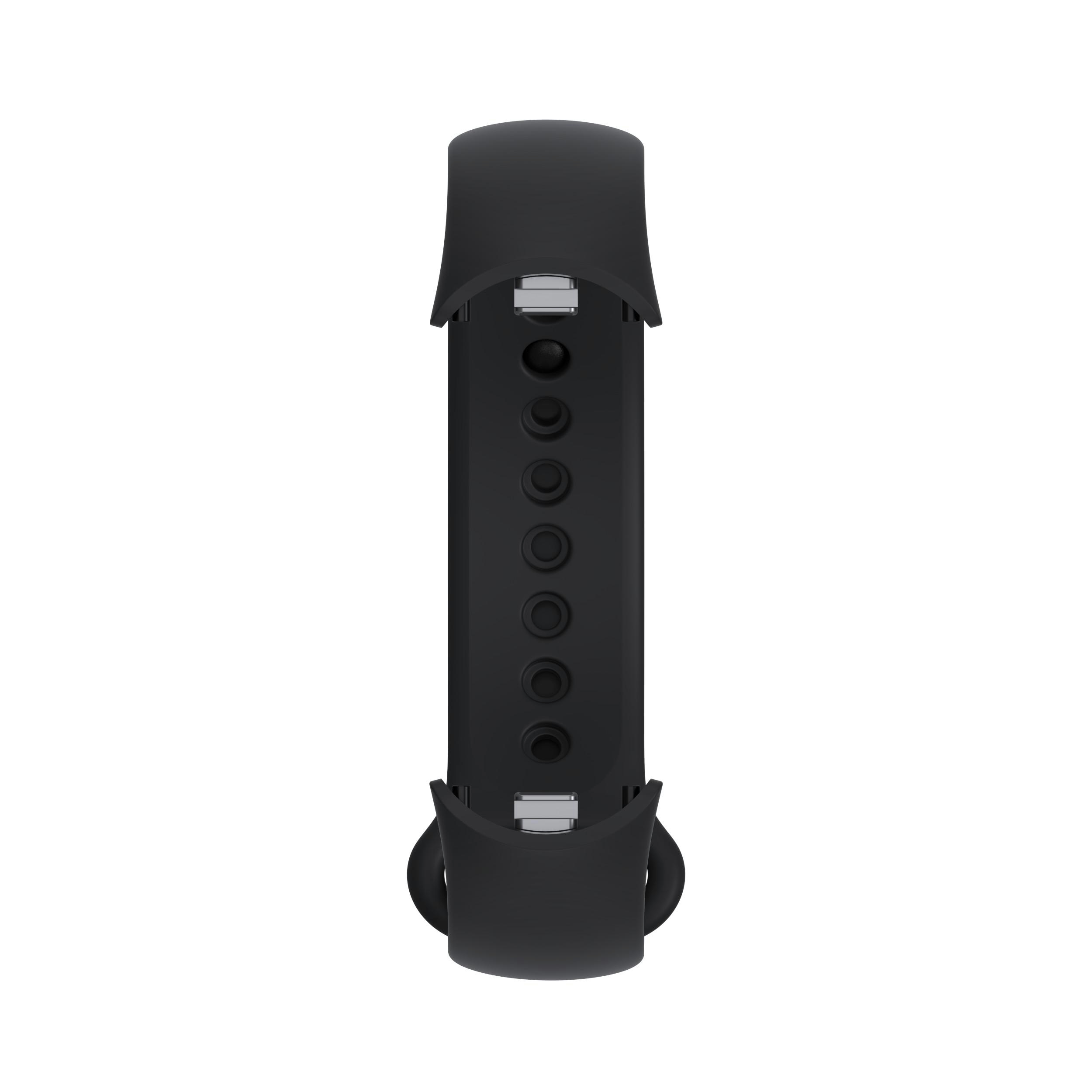 Schwarzes Fitness-Tracker-Armband mit Schnalle und sieben Löchern.