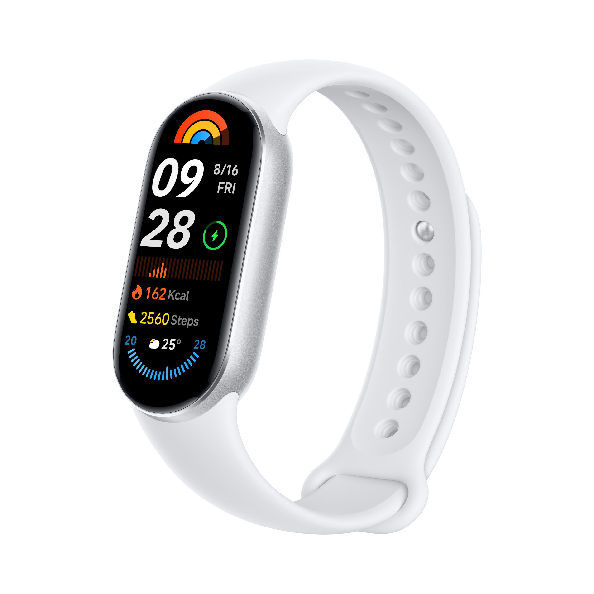 Weiße Smartwatch mit Informationen auf dem Bildschirm und weißem Armband.