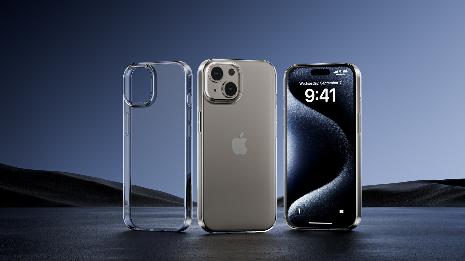 Tres iPhones, uno con funda y dos sin ella. La pantalla de uno muestra la fecha y la hora.