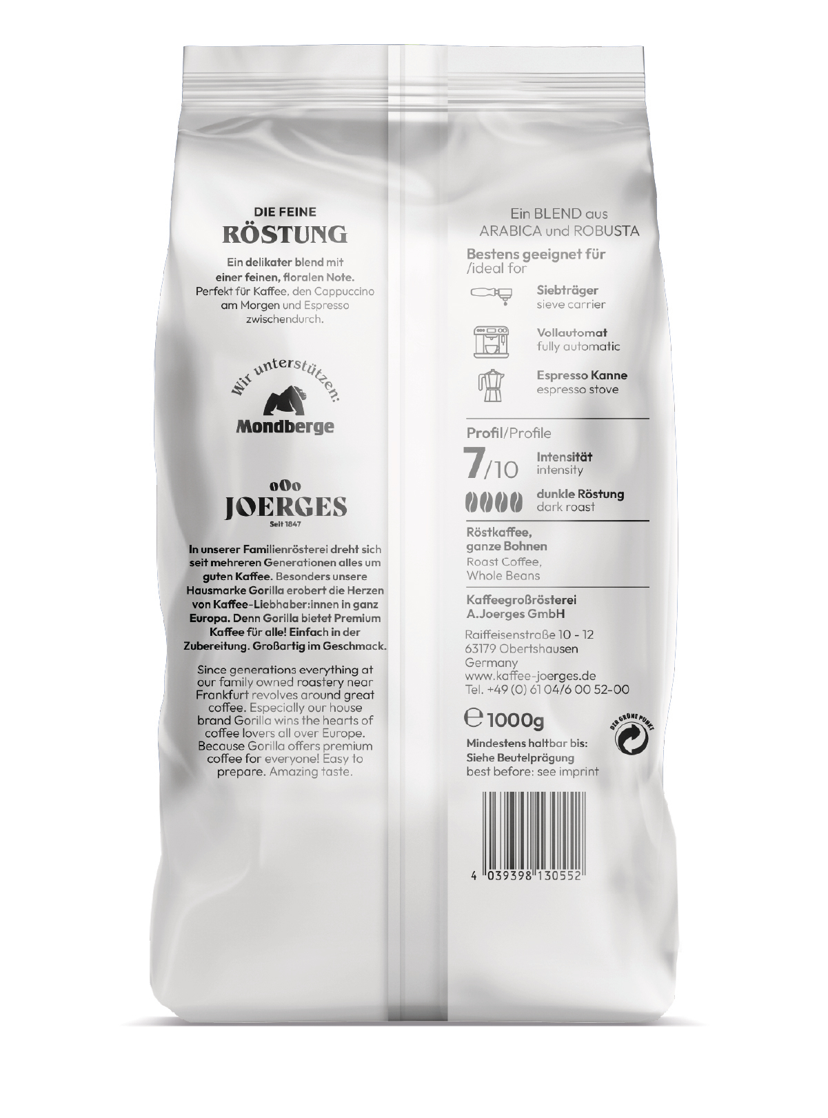 Eine Tüte Kaffeebohnen. Sie zeigt die Verpackung mit Text und Logo.