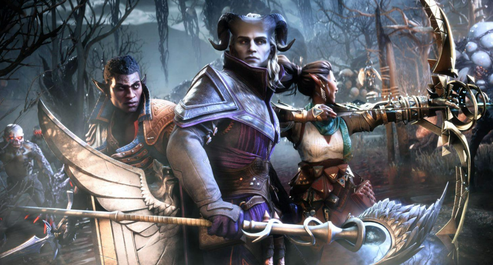 Drei Figuren in einer Fantasy-Szene. Einer hält einen Stab, ein anderer zielt mit einem Bogen, und ein dritter steht bereit.