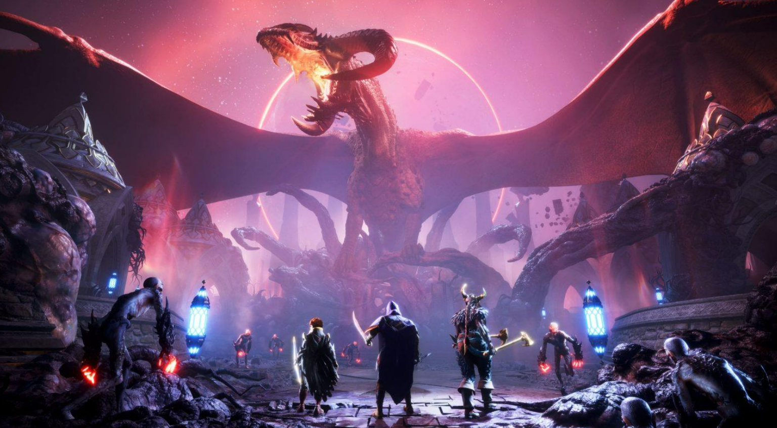 Fantasie-Szene mit einem Drachen, Kriegern und einem dramatischen, feurigen Hintergrund.
