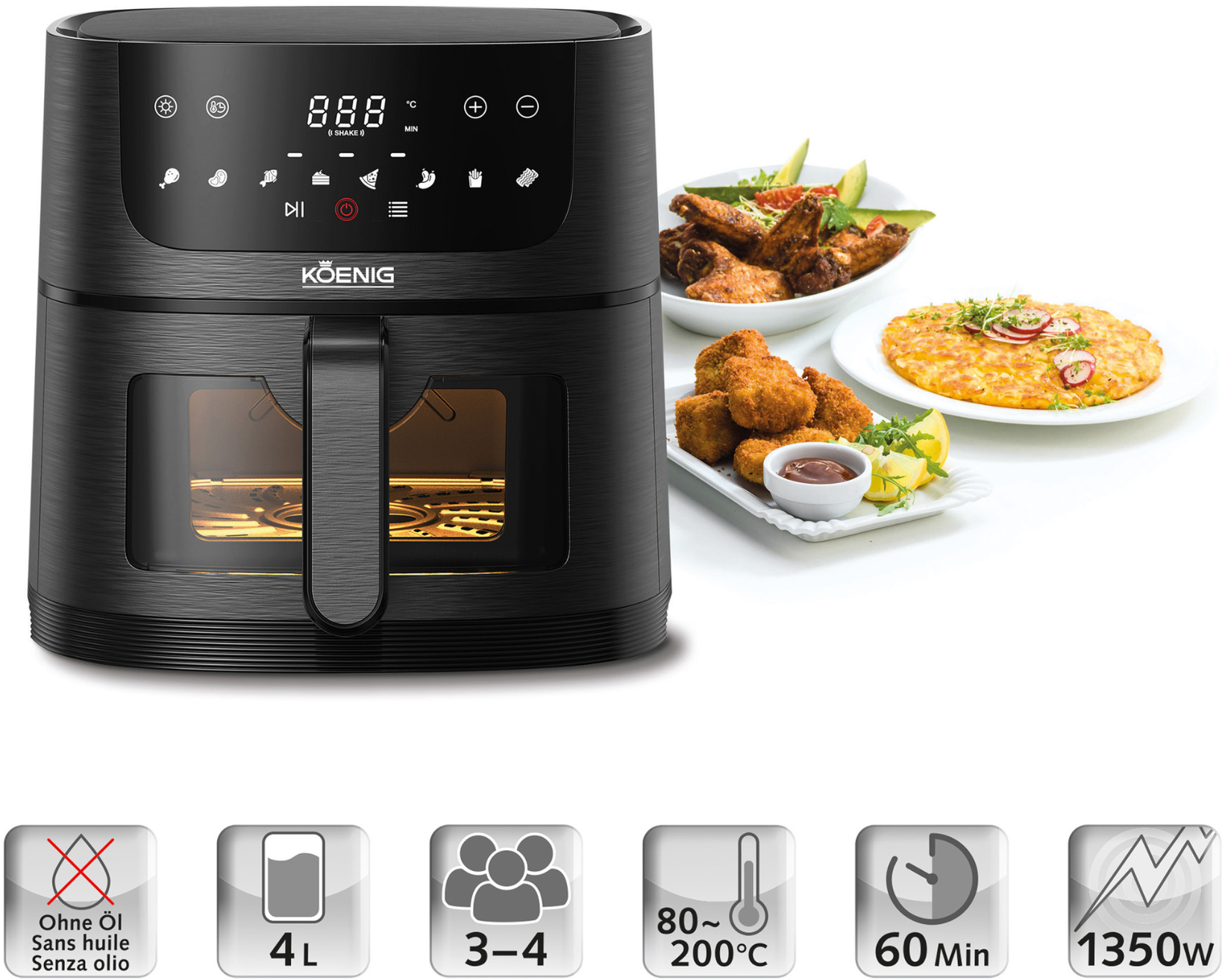 Friggitrice ad aria nera con display digitale e finestra di vetro. Cibo fritto a destra e icone in basso.