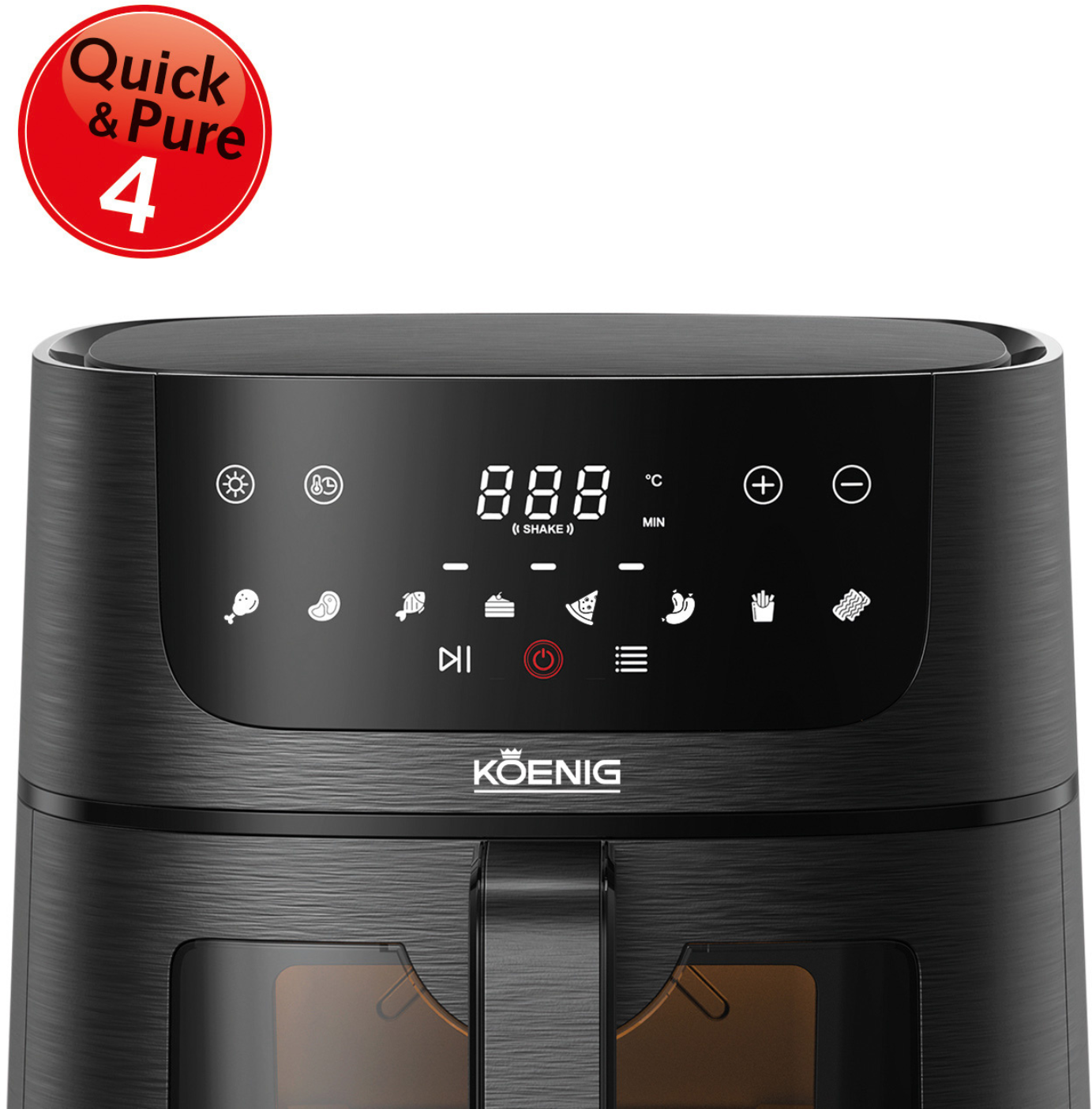 Friggitrice ad aria Koening nera, con display digitale e la scritta Quick & Pure 4.