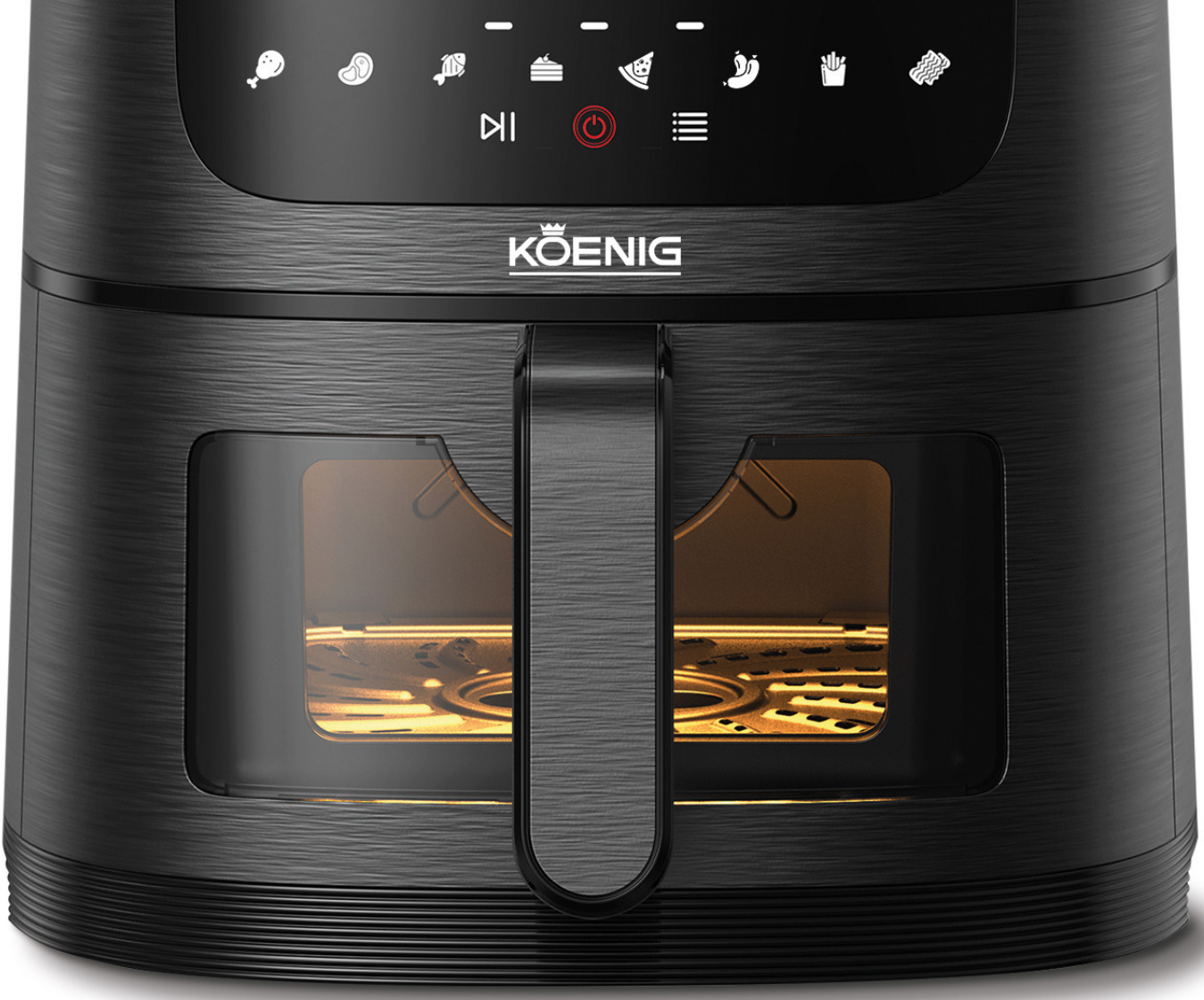 Friggitrice ad aria nera con display digitale, marchio Koenic, primo piano.
